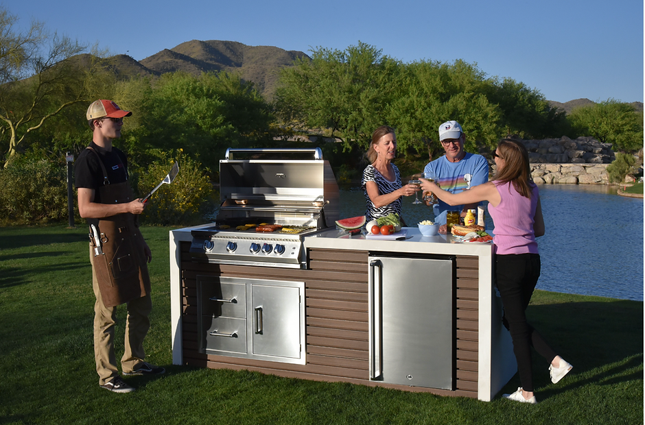KoKoMo Professional Shiplap Built-In Outdoor Kitchen Island with KoKoMo Grill, Waterfall Edge