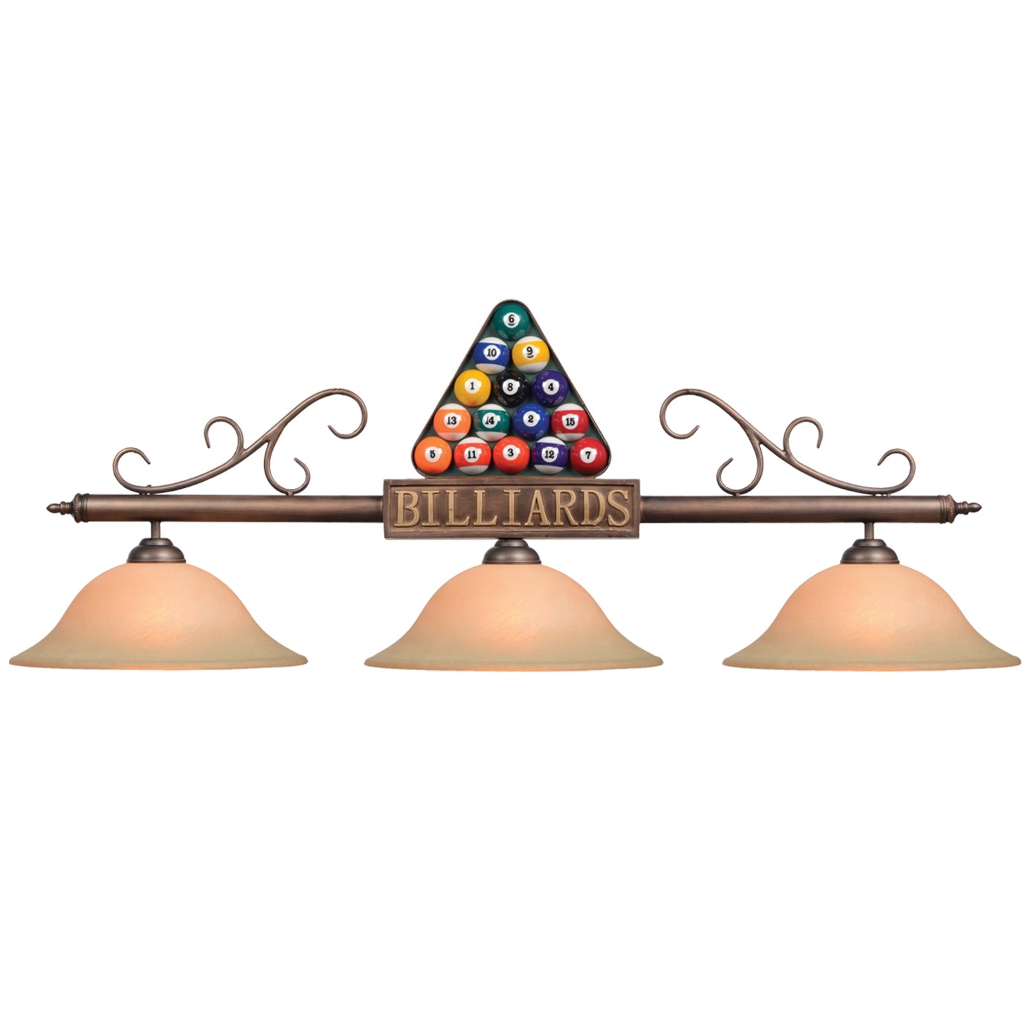 Ram Game Room- Billiard Balls in Rack Fixture w Amber Shades (BIL-B56)