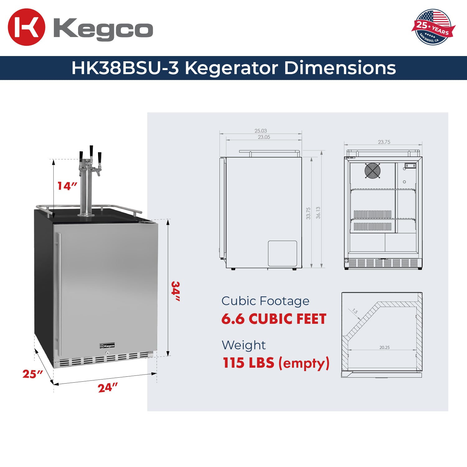 Kegco 24" Wide Triple Tap Stainless Steel Built-In Right Hinge Kegerator with Kit – Exterior Cabinet Black – HK38BSU-3