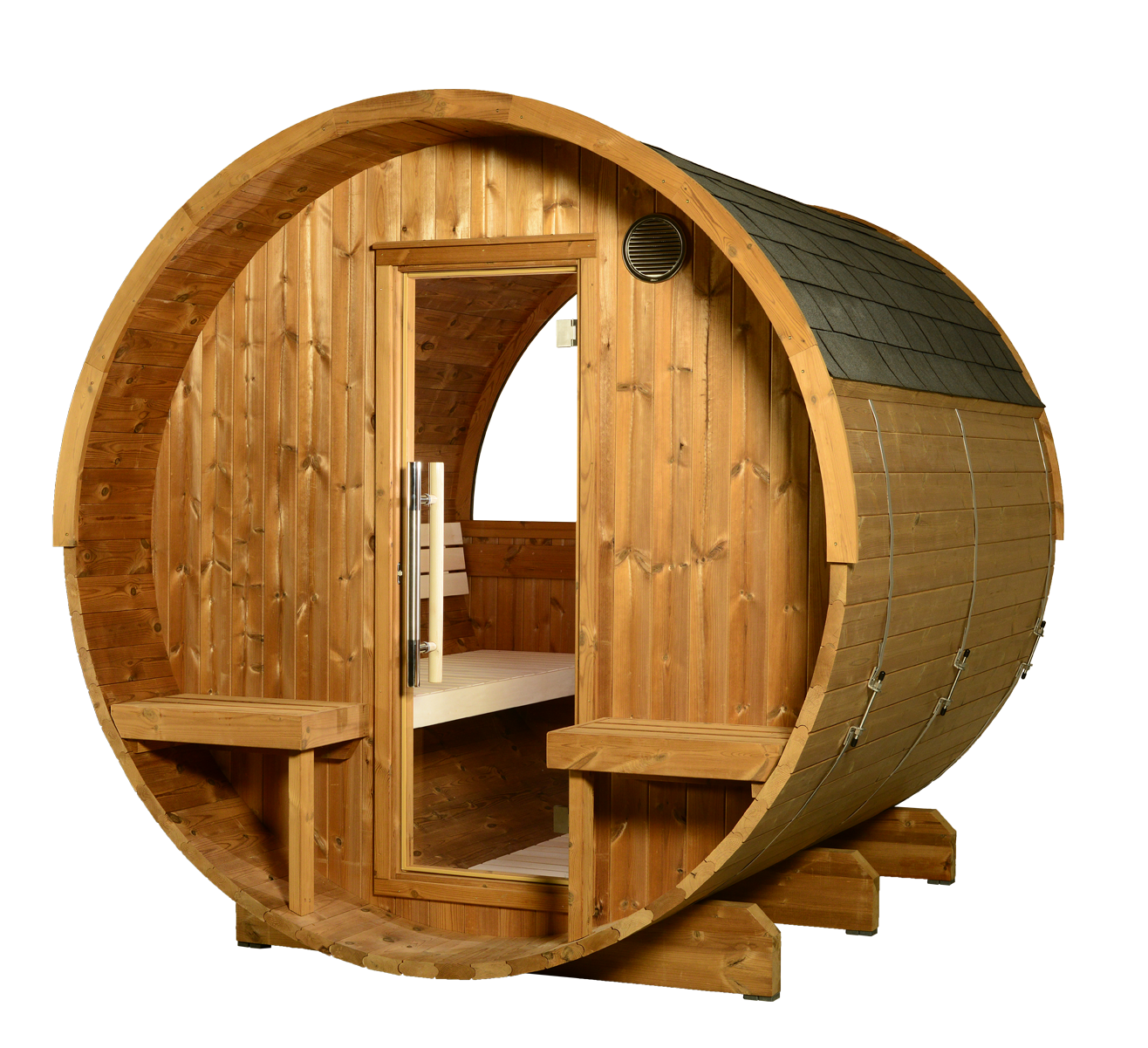 ThermaSol Evander - Nordic Pine, 4-6 Person, Half-Moon Window, Outdoor Canopy Barrel Sauna