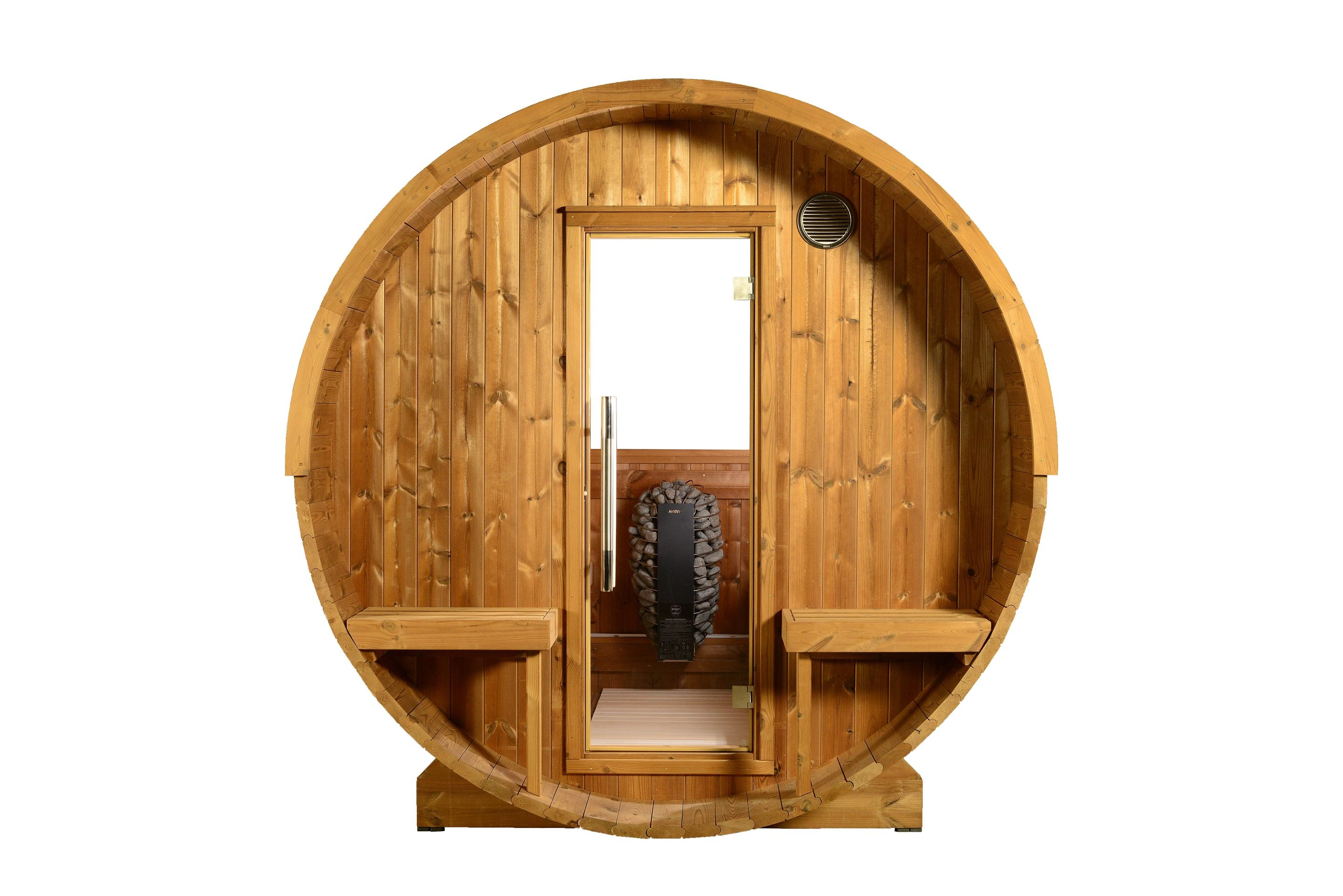 ThermaSol Evander - Nordic Pine, 4-6 Person, Half-Moon Window, Outdoor Canopy Barrel Sauna