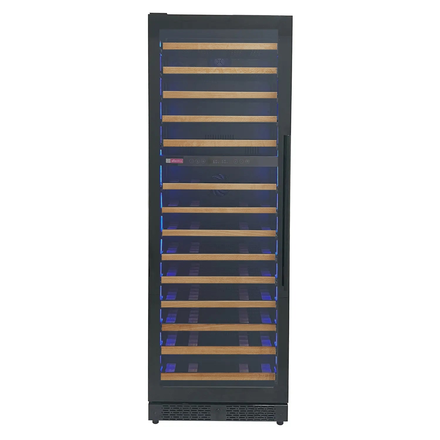 Allavino Reserva Series 67 Bottle 71" Tall Dual Zone Right Hinge Black Shallow Wine Refrigerator with Wood Front Shelves
