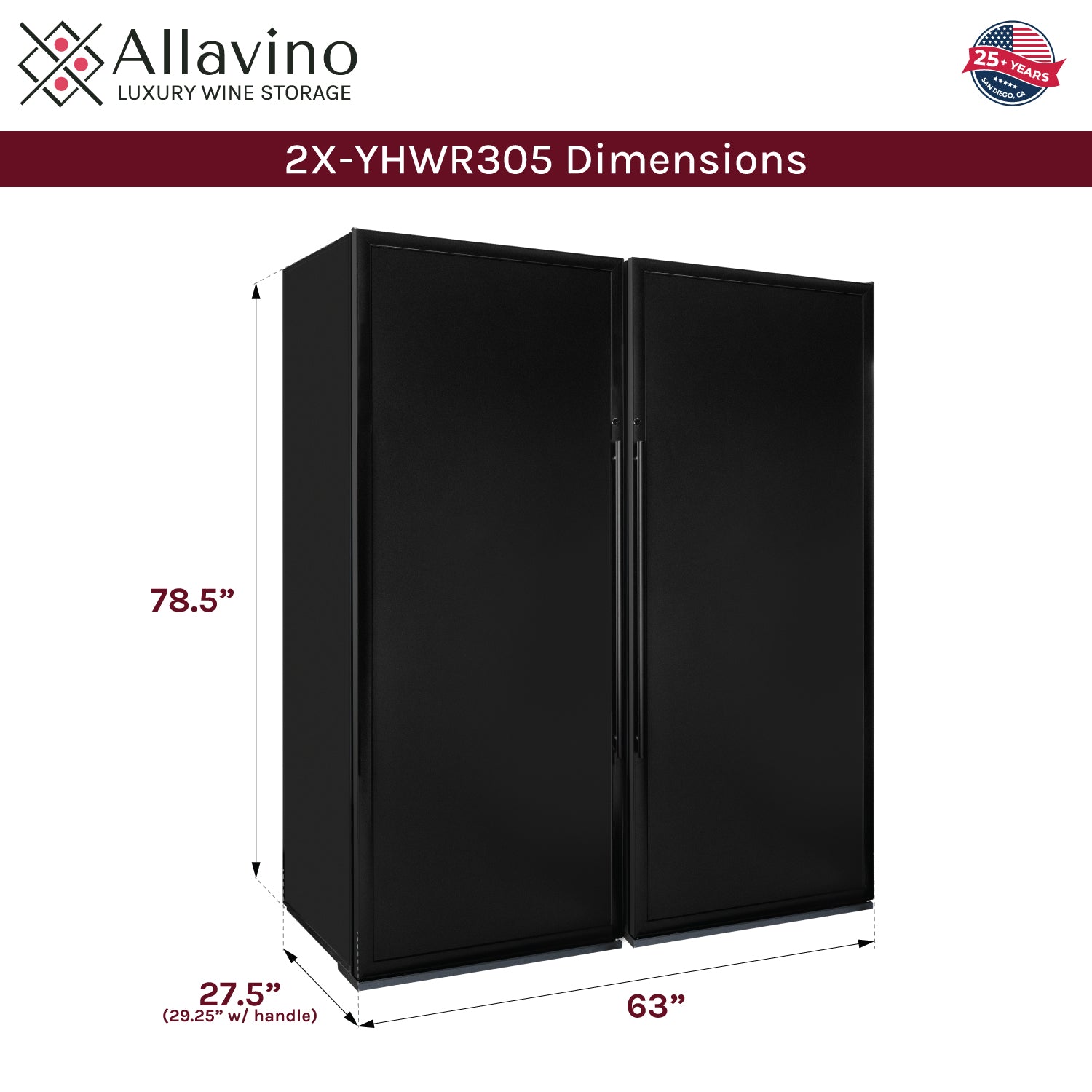 Allavino Vite Series 610 Bottle Dual Zone Freestanding Large Capacity Side-by-Side Wine Refrigerator with Solid Black Doors
