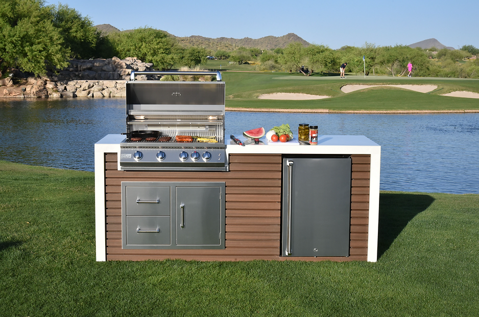 KoKoMo Professional Shiplap Built-In Outdoor Kitchen Island with KoKoMo Grill, Waterfall Edge