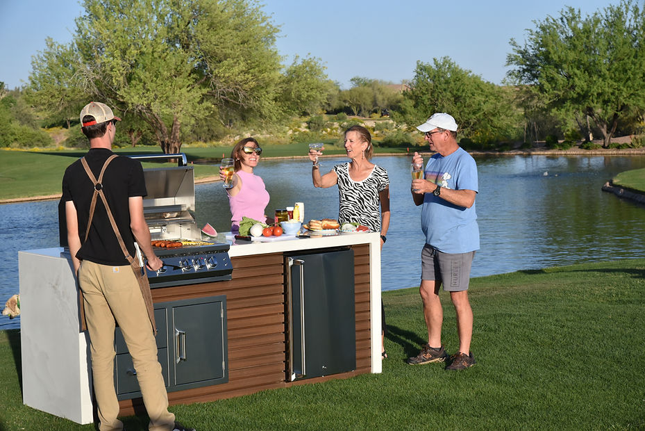 KoKoMo Professional Shiplap Built-In Outdoor Kitchen Island with KoKoMo Grill, Waterfall Edge