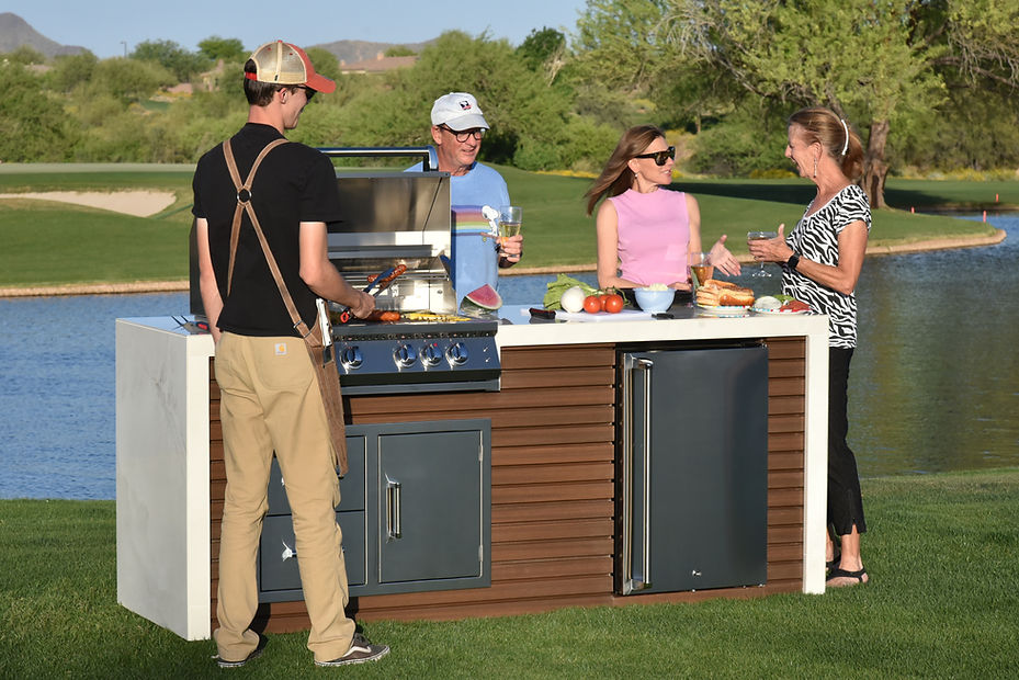 KoKoMo Professional Shiplap Built-In Outdoor Kitchen Island with KoKoMo Grill, Waterfall Edge