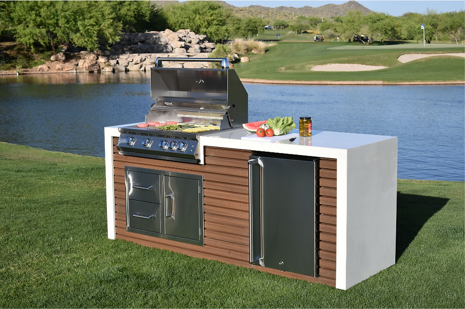 KoKoMo Professional Shiplap Built-In Outdoor Kitchen Island with KoKoMo Grill, Waterfall Edge