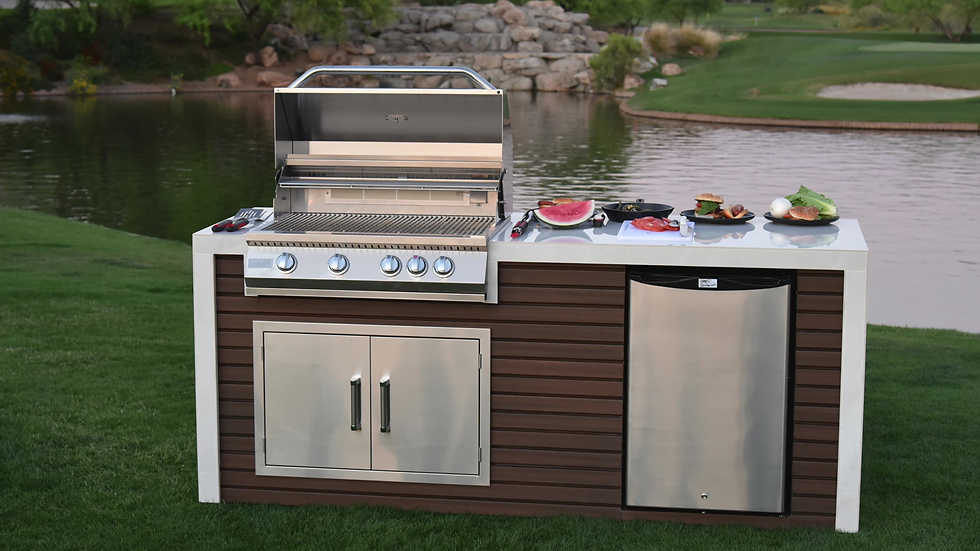 KoKoMo Professional Shiplap Built-In Outdoor Kitchen Island with KoKoMo Grill, Waterfall Edge