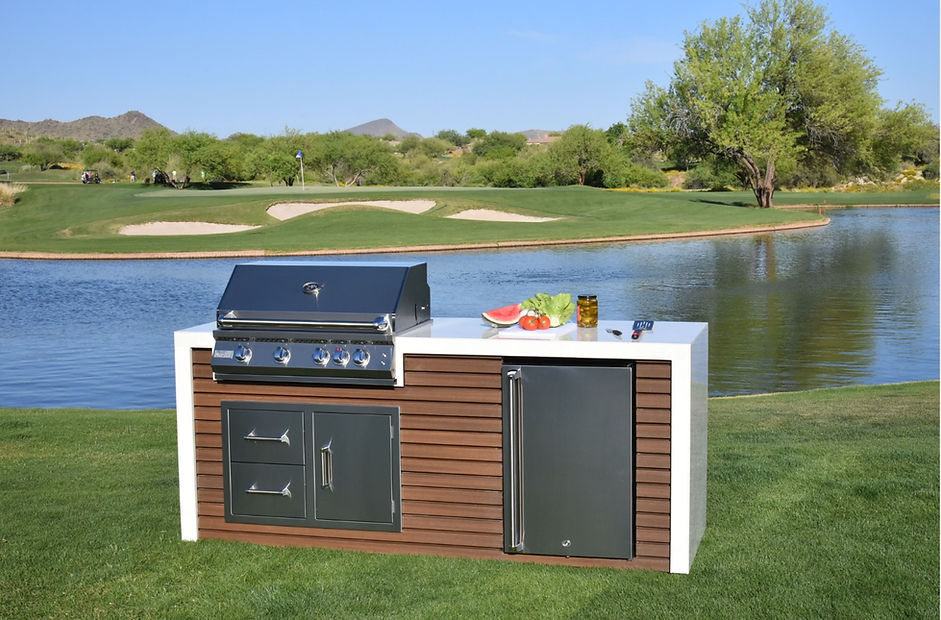 KoKoMo Professional Shiplap Built-In Outdoor Kitchen Island with KoKoMo Grill, Waterfall Edge