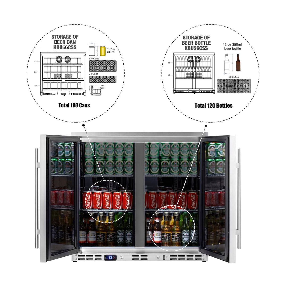 KingsBottle 36 Inch Heating Glass 2 Door Built In Beverage Fridge(KBU56M)