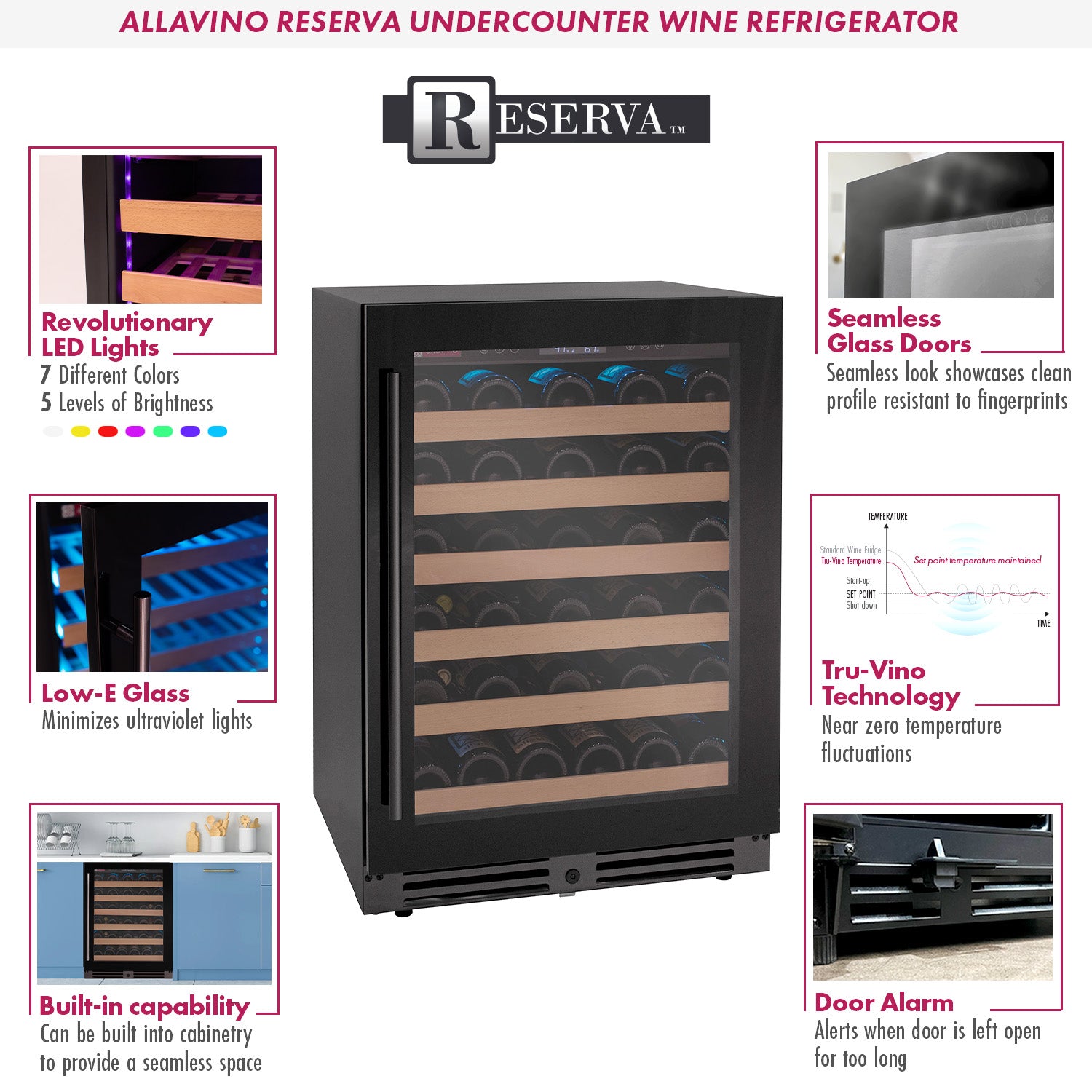 Allavino Reserva Series 50 Bottle Single Zone Built-in Luxury Wine Refrigerator with Black Glass Door - Right Hinge