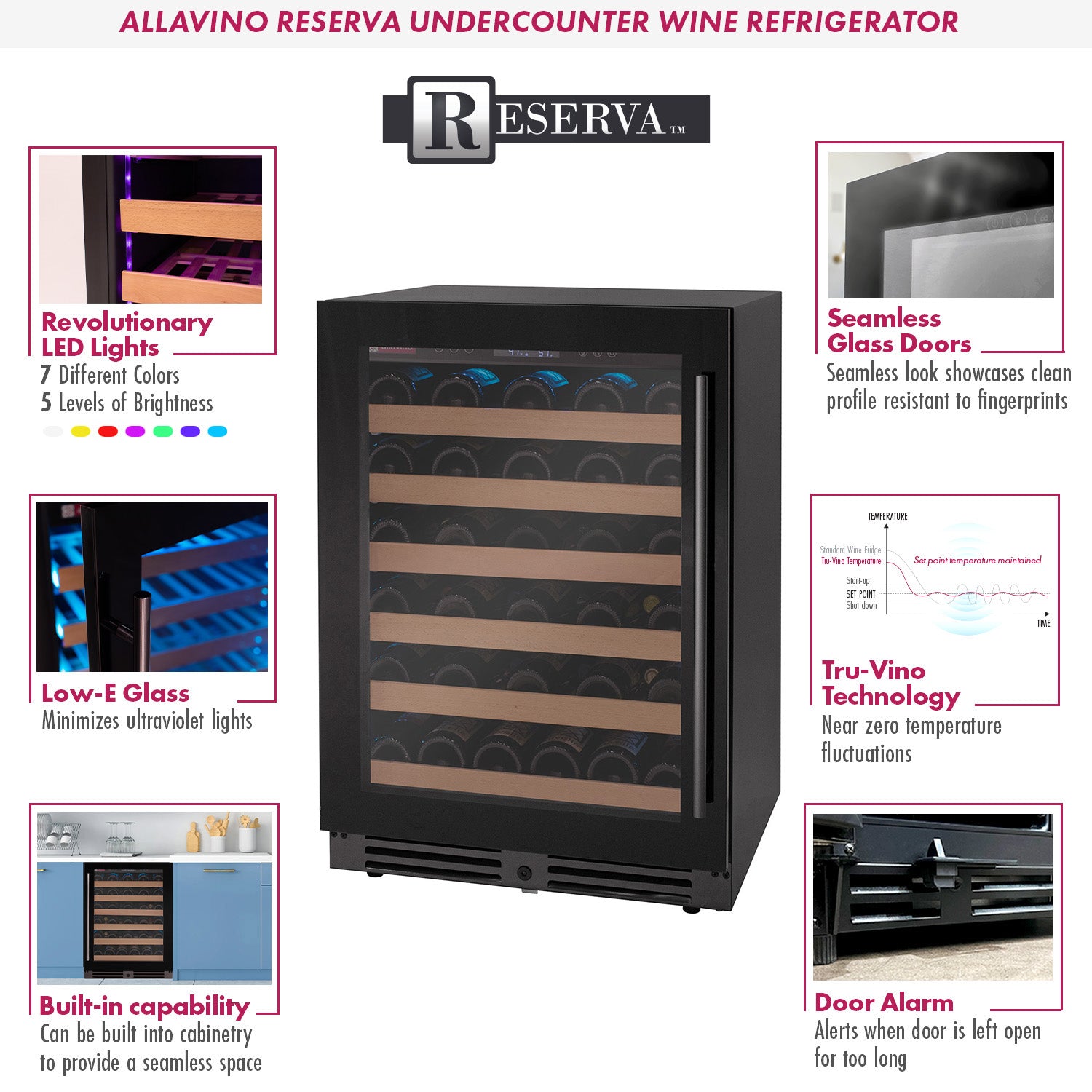 Allavino Reserva Series 50 Bottle Single Zone Built-in Wine Cooler Refrigerator with Black Glass Door - Left Hinge