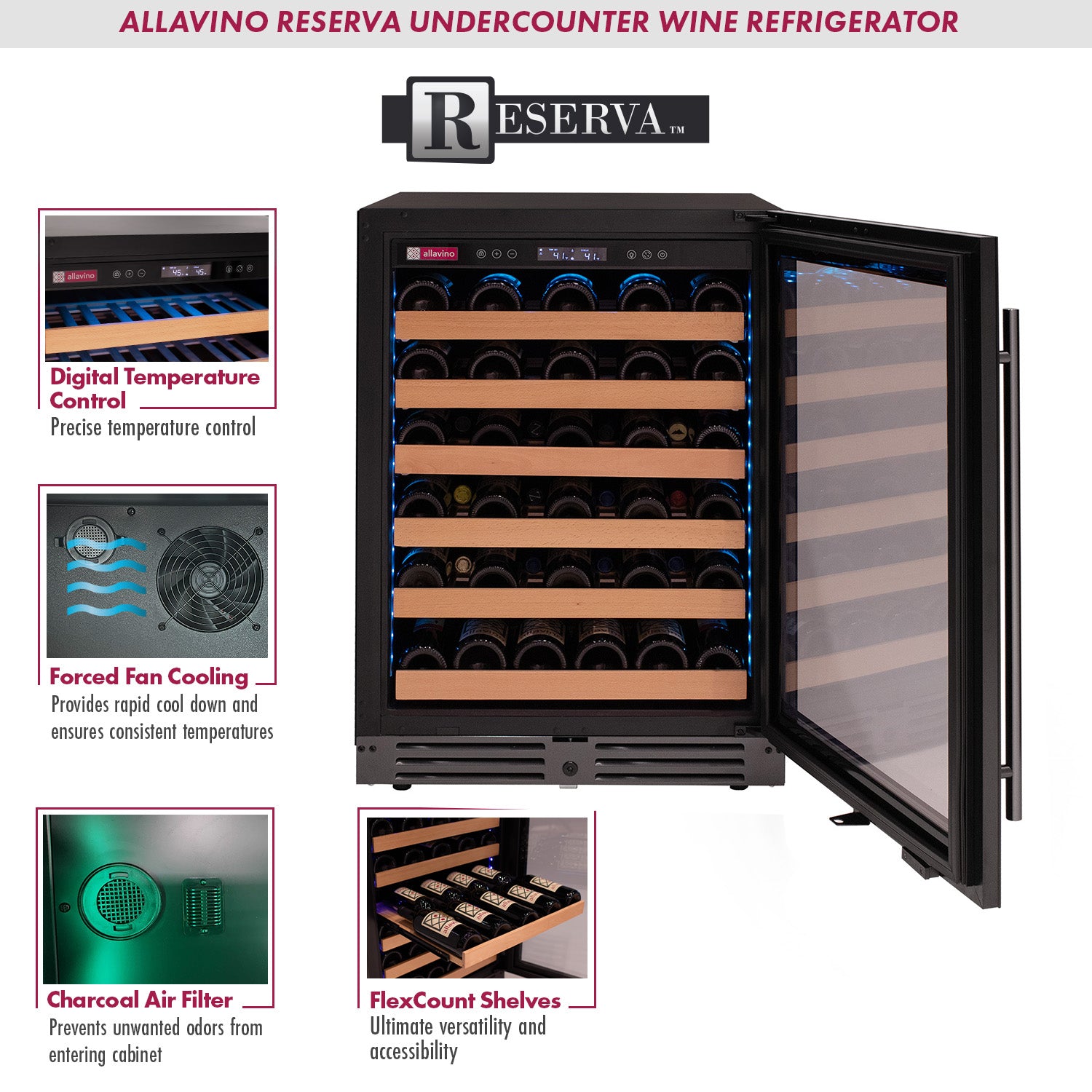 Allavino Reserva Series 50 Bottle Single Zone Built-in Luxury Wine Refrigerator with Black Glass Door - Right Hinge