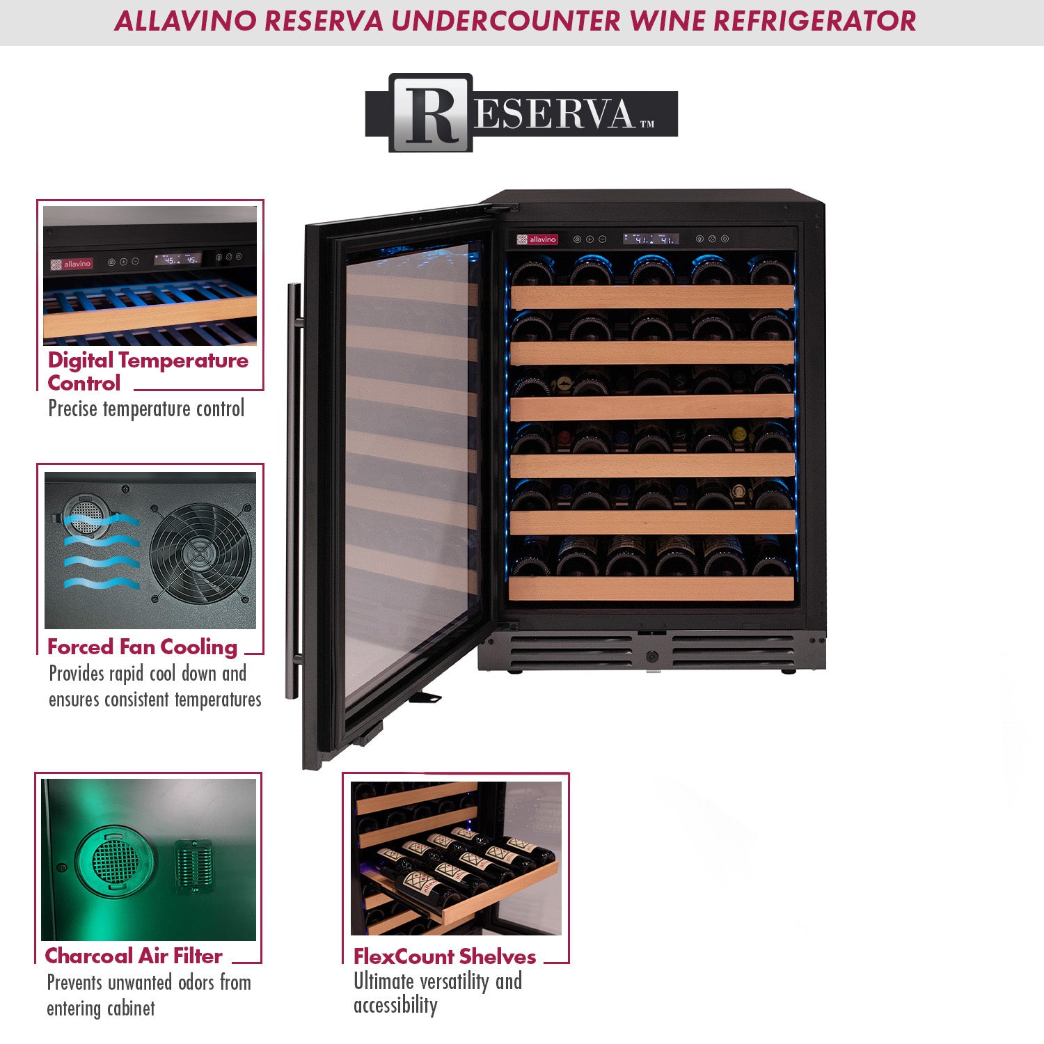 Allavino Reserva Series 50 Bottle Single Zone Built-in Wine Cooler Refrigerator with Black Glass Door - Left Hinge