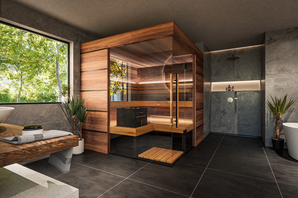 ThermaSol Astra - Glass and Wood Panel Corner Layout, 3-4 Person, Indoor Sauna