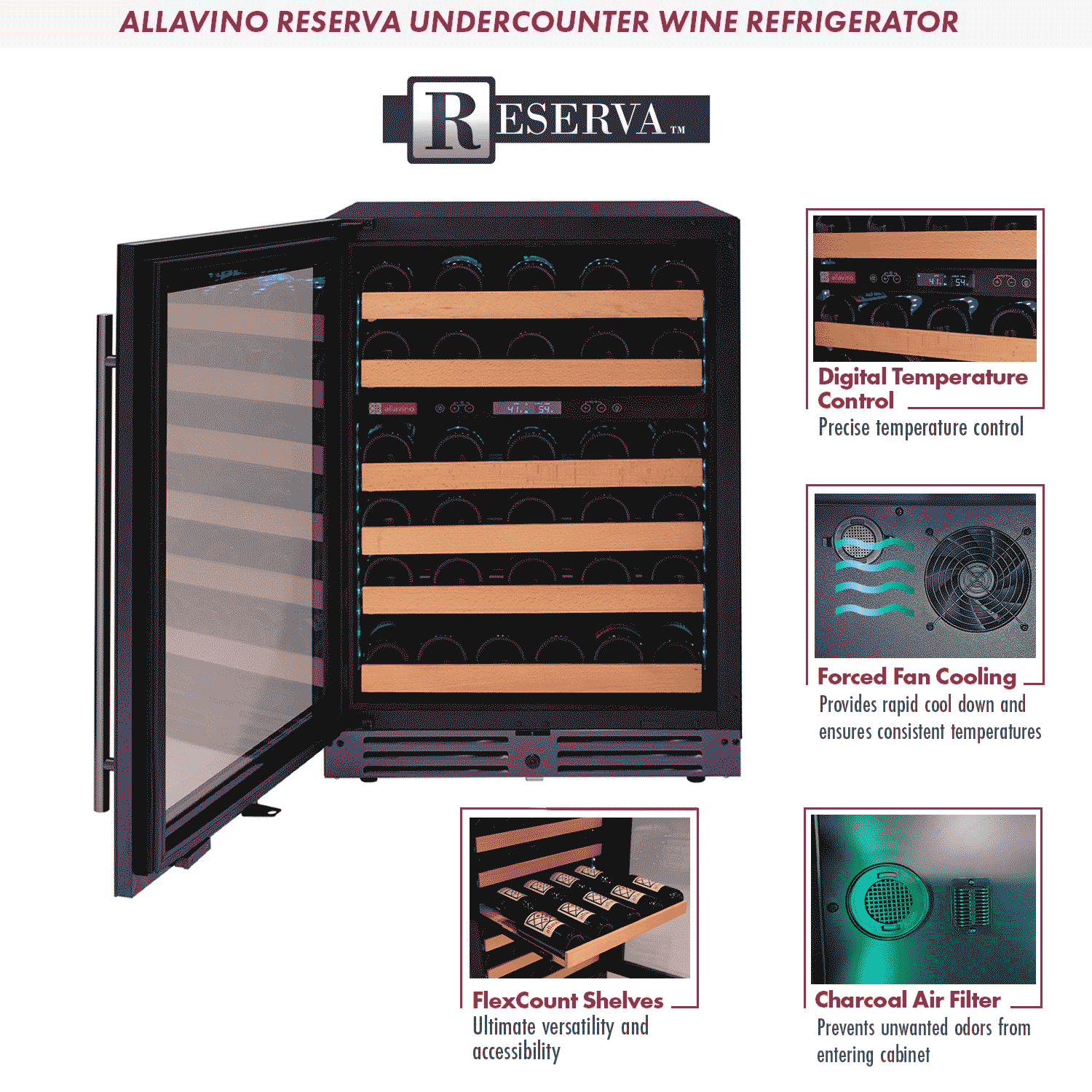 Allavino Reserva Series 50 Bottle Dual Zone Built-in Wine Cooler Refrigerator with Black Glass Door - Left Hinge