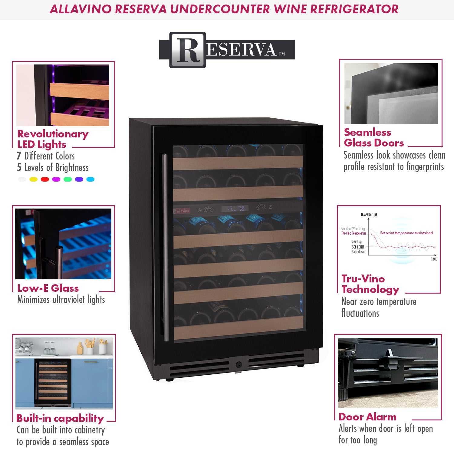 Allavino Reserva Series 50 Bottle Dual Zone Undercounter Wine Cooler Refrigerator with Black Glass Door - Right Hinge
