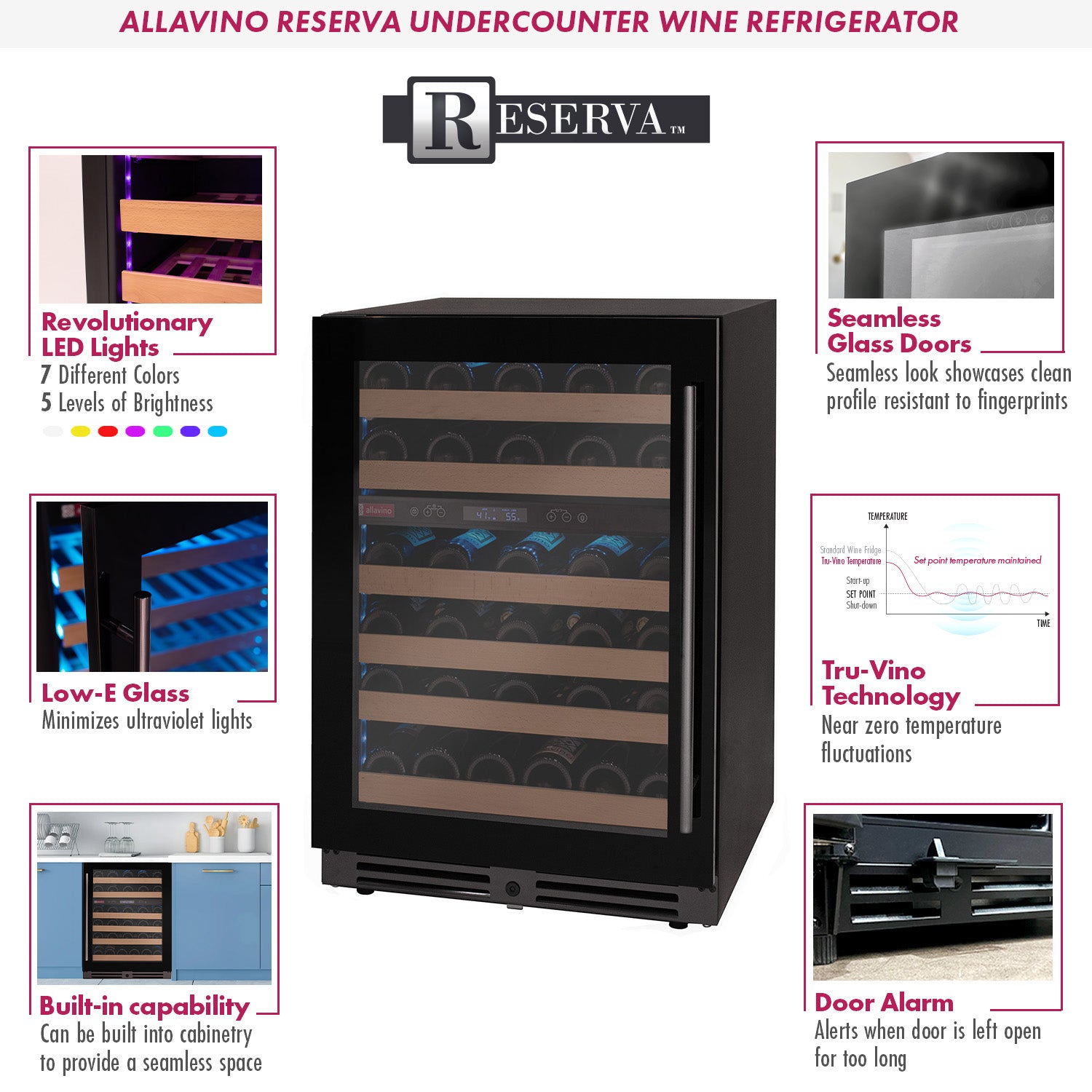 Allavino Reserva Series 50 Bottle Dual Zone Built-in Wine Cooler Refrigerator with Black Glass Door - Left Hinge
