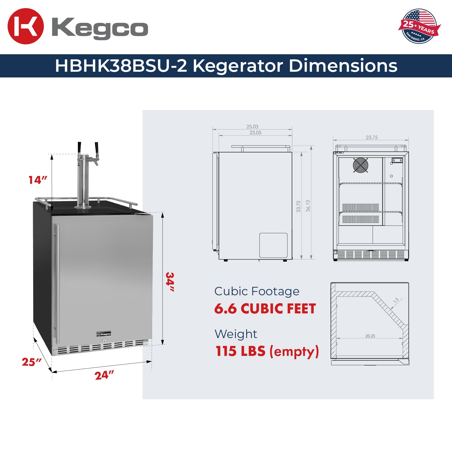 Kegco 24" Wide Dual Tap Stainless Steel Built-In Right Hinge Kegerator with Kit – Exterior Cabinet Black – HK38BSU-2