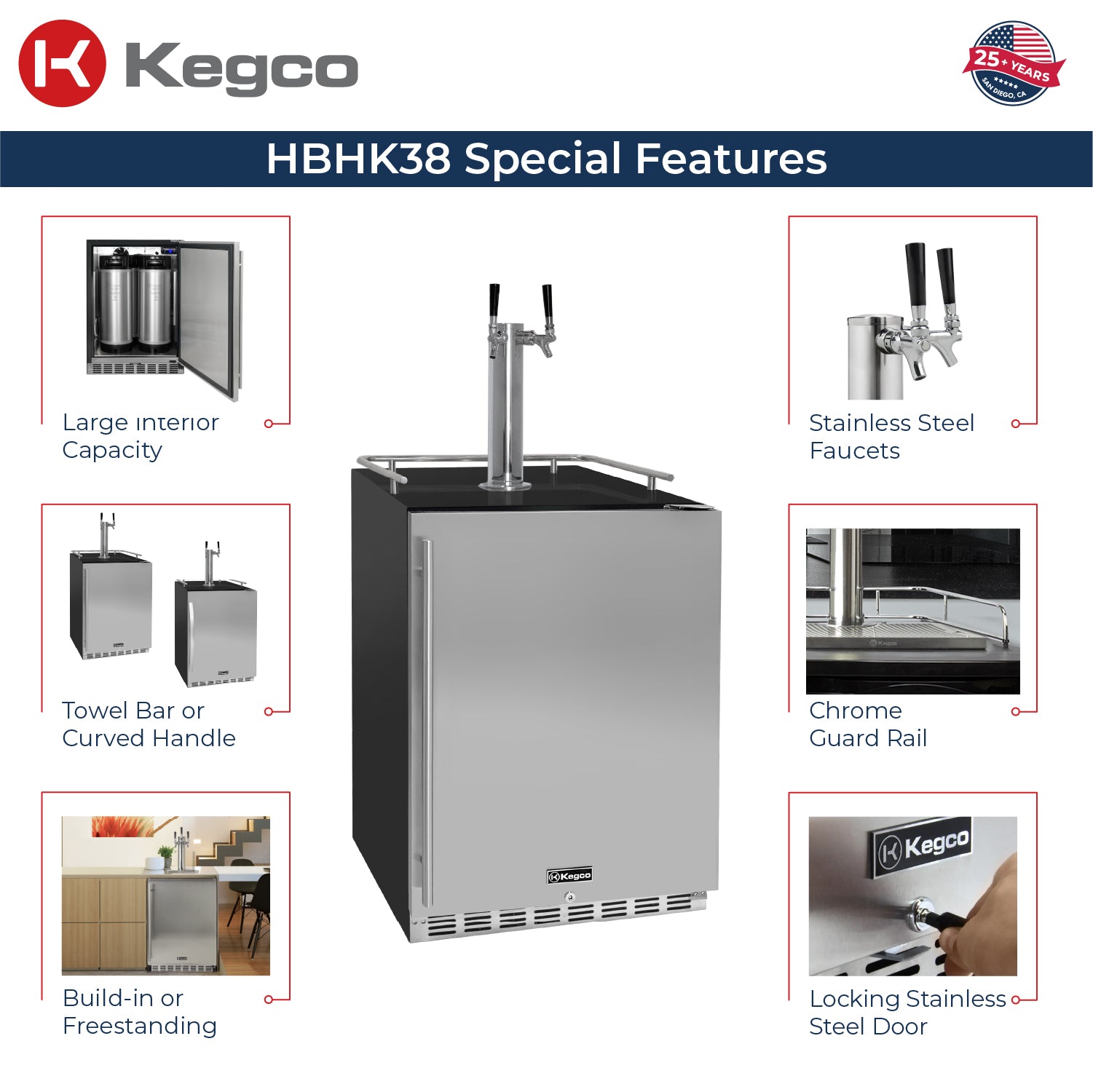Kegco 24" Wide Dual Tap Stainless Steel Built-In Right Hinge Kegerator with Kit – Exterior Cabinet Black – HK38BSU-2
