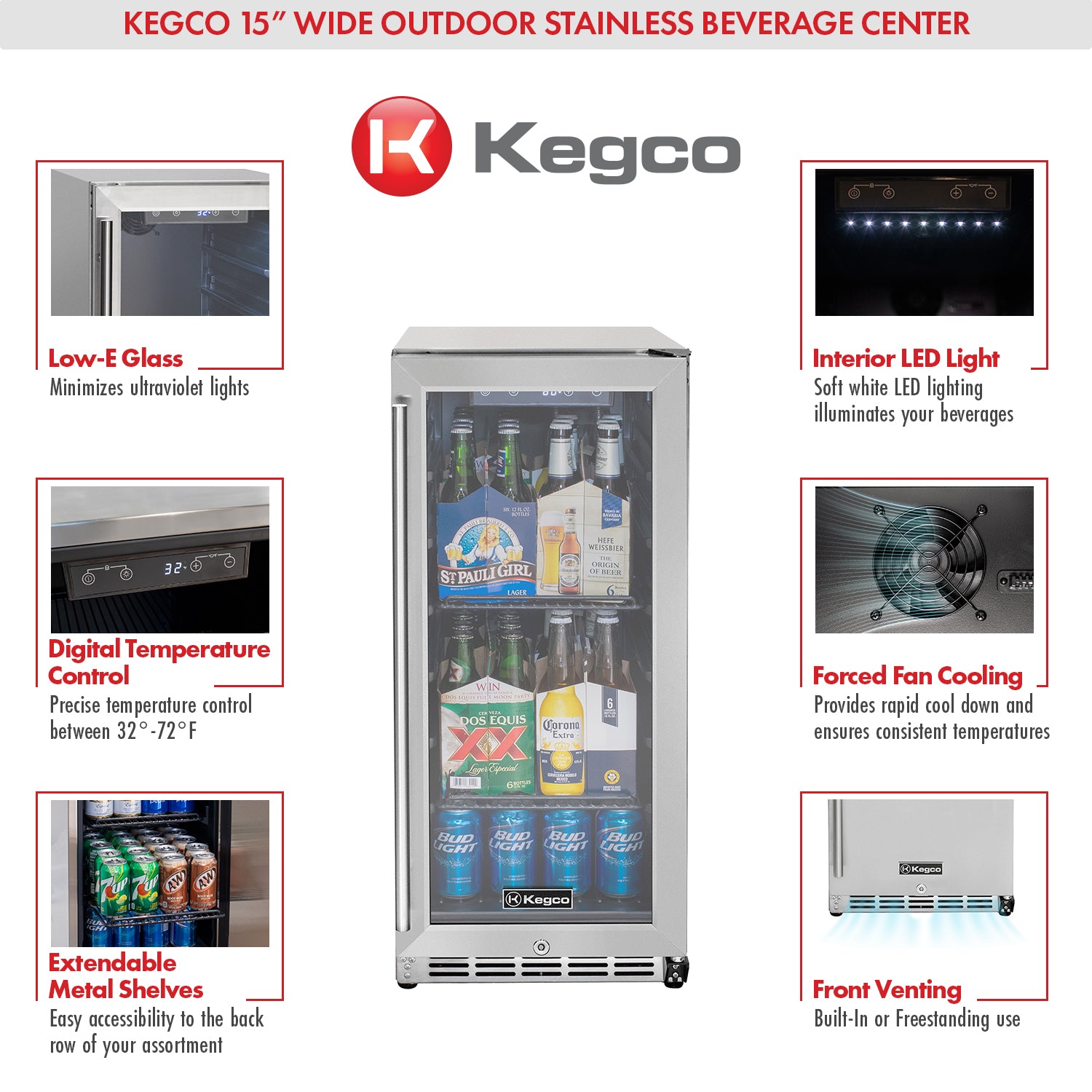 Kegco 15" Wide Outdoor Built-In Commercial Beverage Center - Glass Door