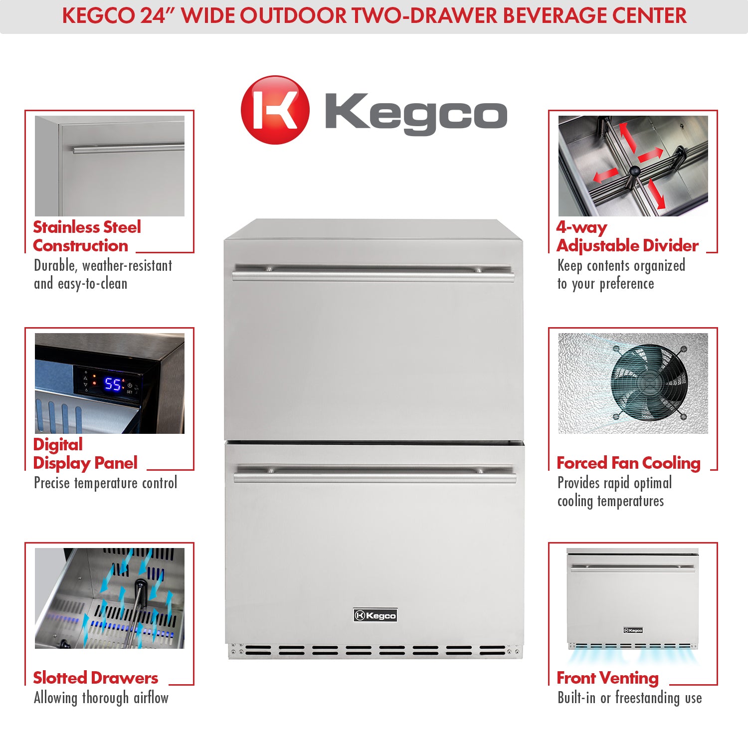 Kegco 24" Wide Outdoor Built-In Stainless Steel Commercial Two-Drawer Refrigerator