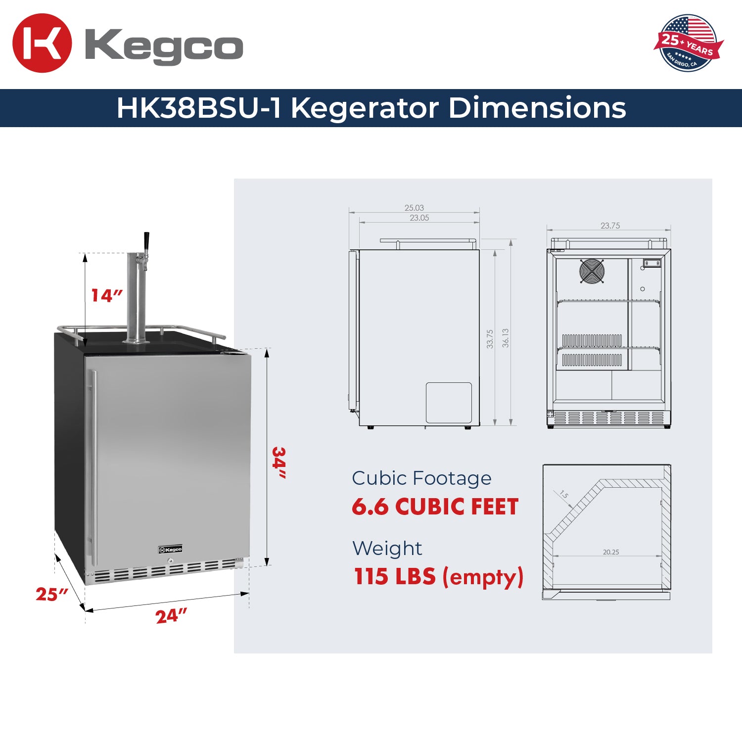 Kegco 24" Wide Single Tap Stainless Steel Built-In Right Hinge Kegerator with Kit – Exterior Cabinet Black – HK38BSU-1