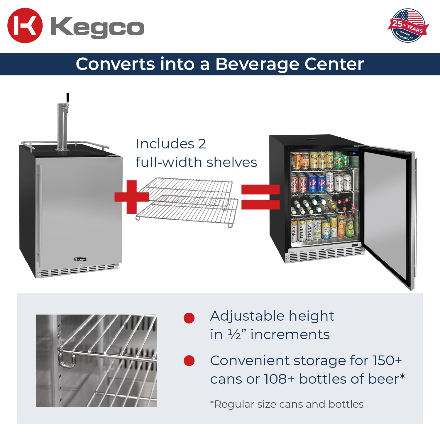 Kegco 24" Wide Single Tap Stainless Steel Built-In Right Hinge Kegerator with Kit – Exterior Cabinet Black – HK38BSU-1