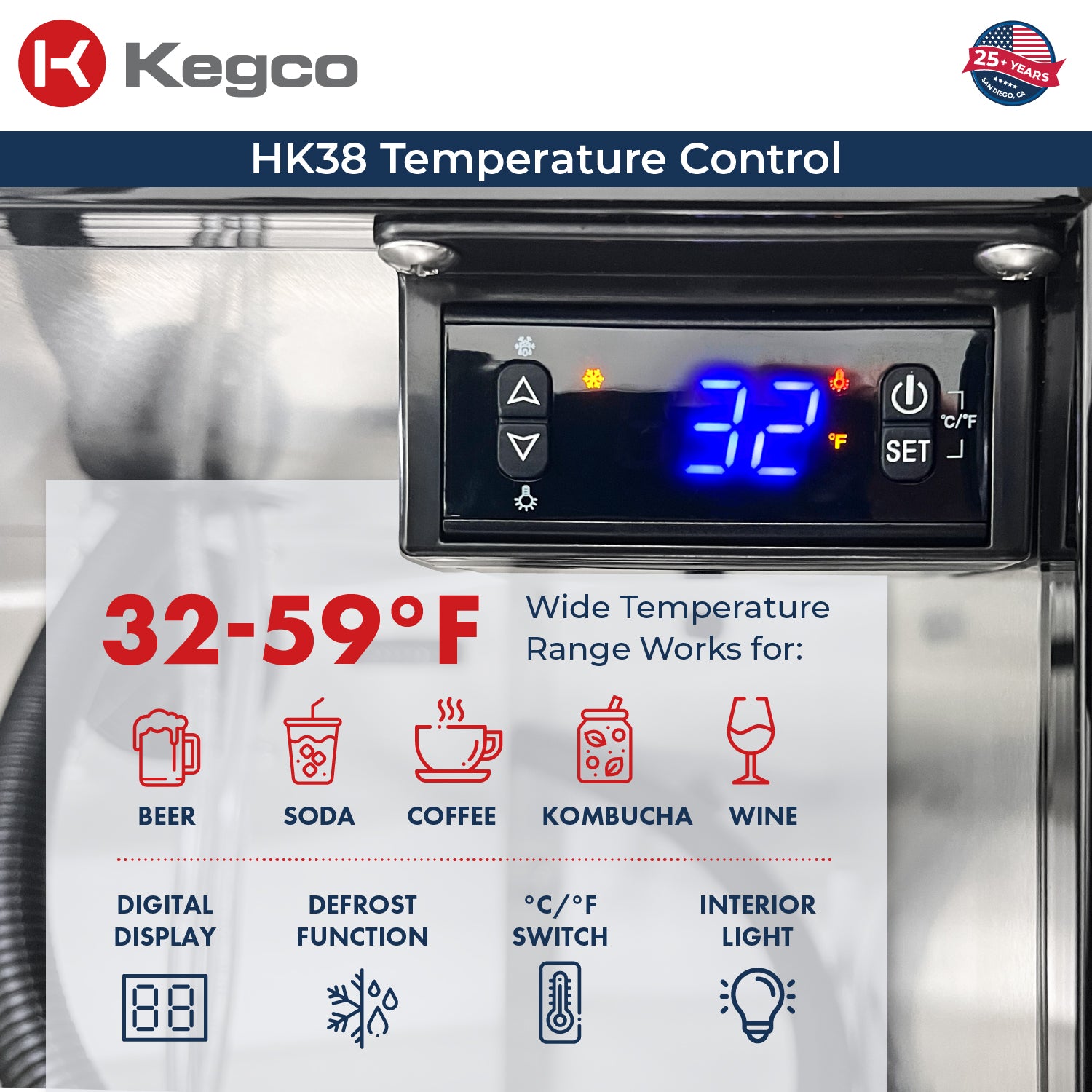 Kegco 24" Wide Single Tap Stainless Steel Built-In Right Hinge Kegerator with Kit – Exterior Cabinet Black – HK38BSU-1