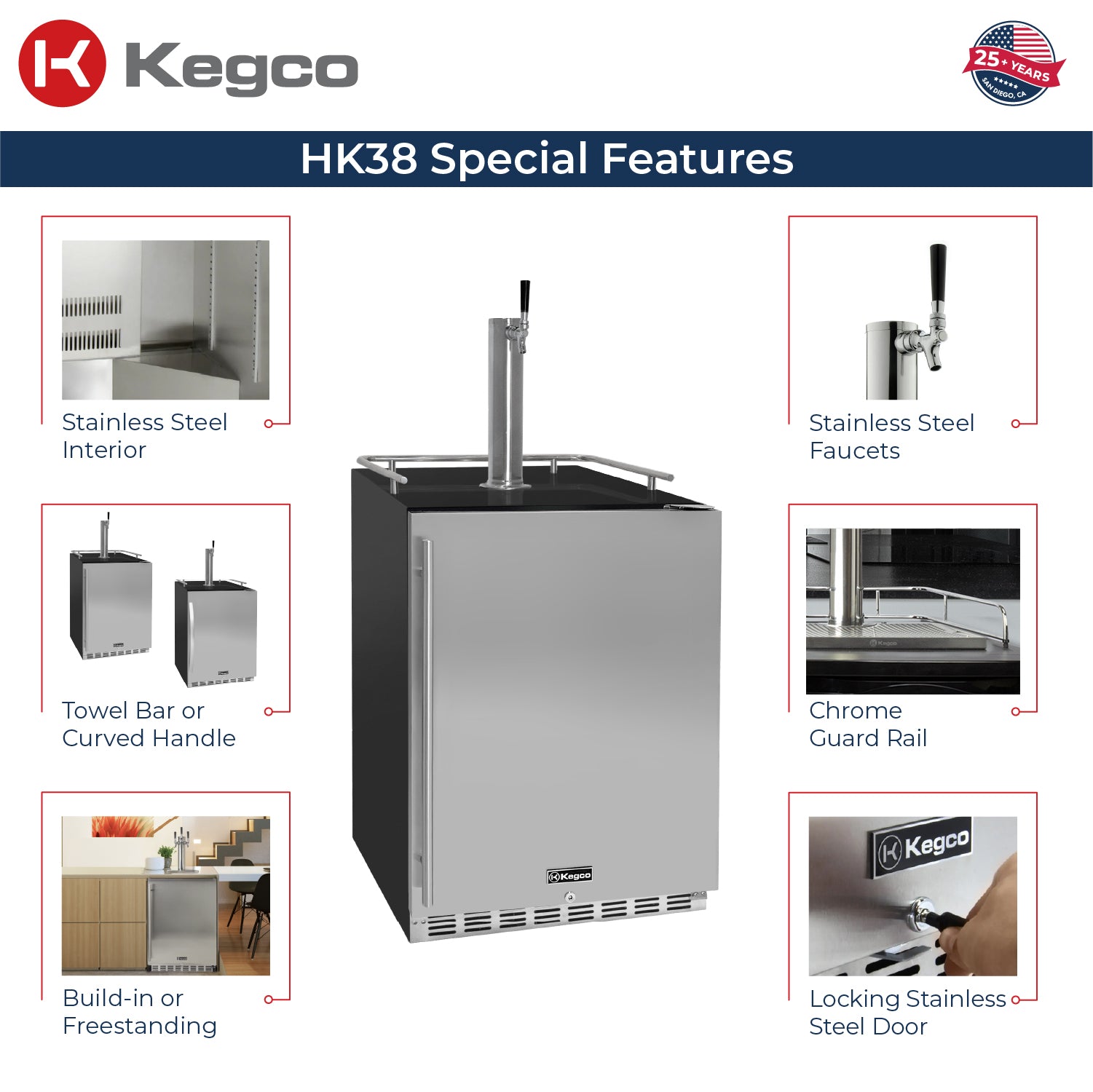 Kegco 24" Wide Single Tap Stainless Steel Built-In Right Hinge Kegerator with Kit – Exterior Cabinet Black – HK38BSU-1