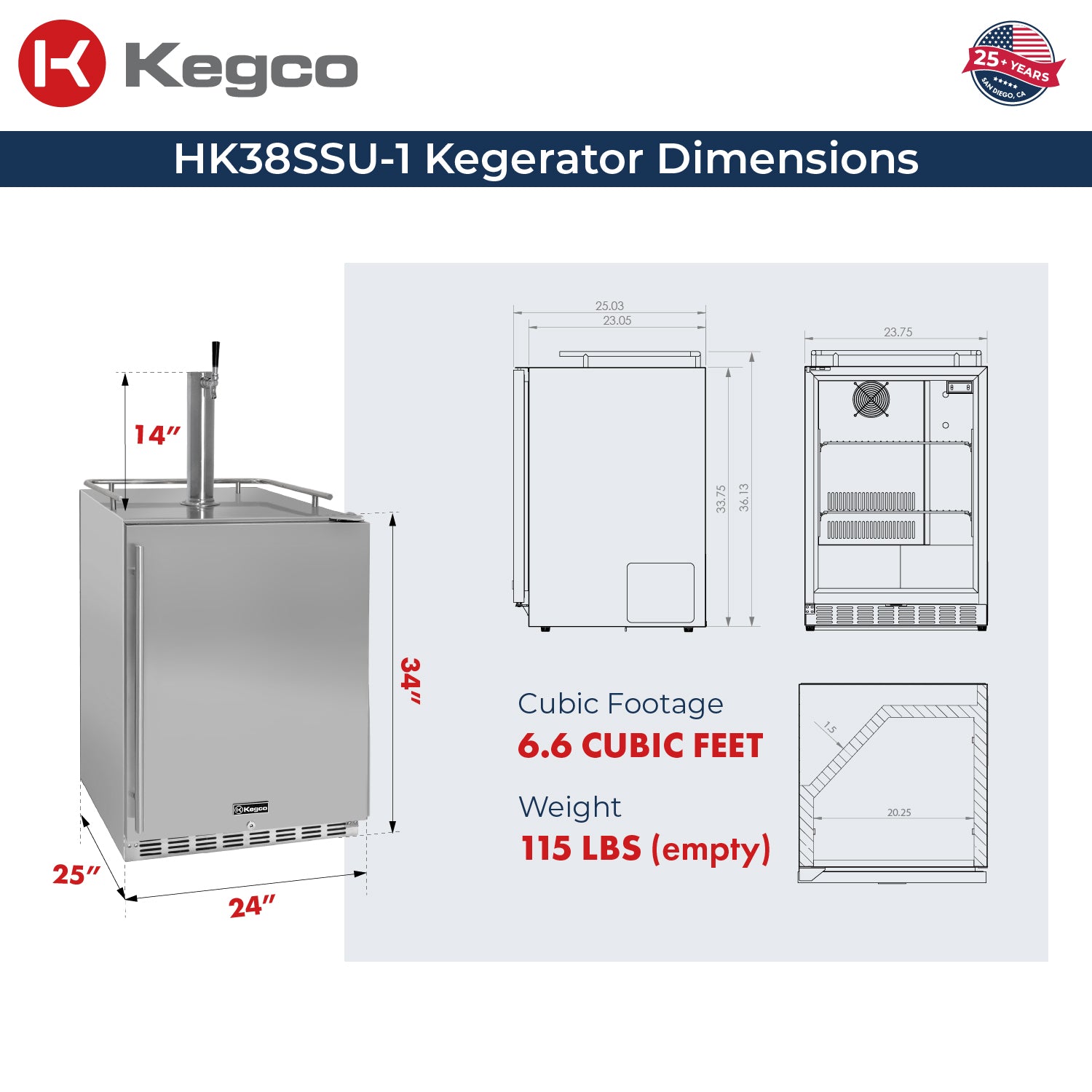 Kegco 24" Wide Outdoor Single Tap All Stainless Steel Built-In Kegerator with Kit - HK38SSU-1