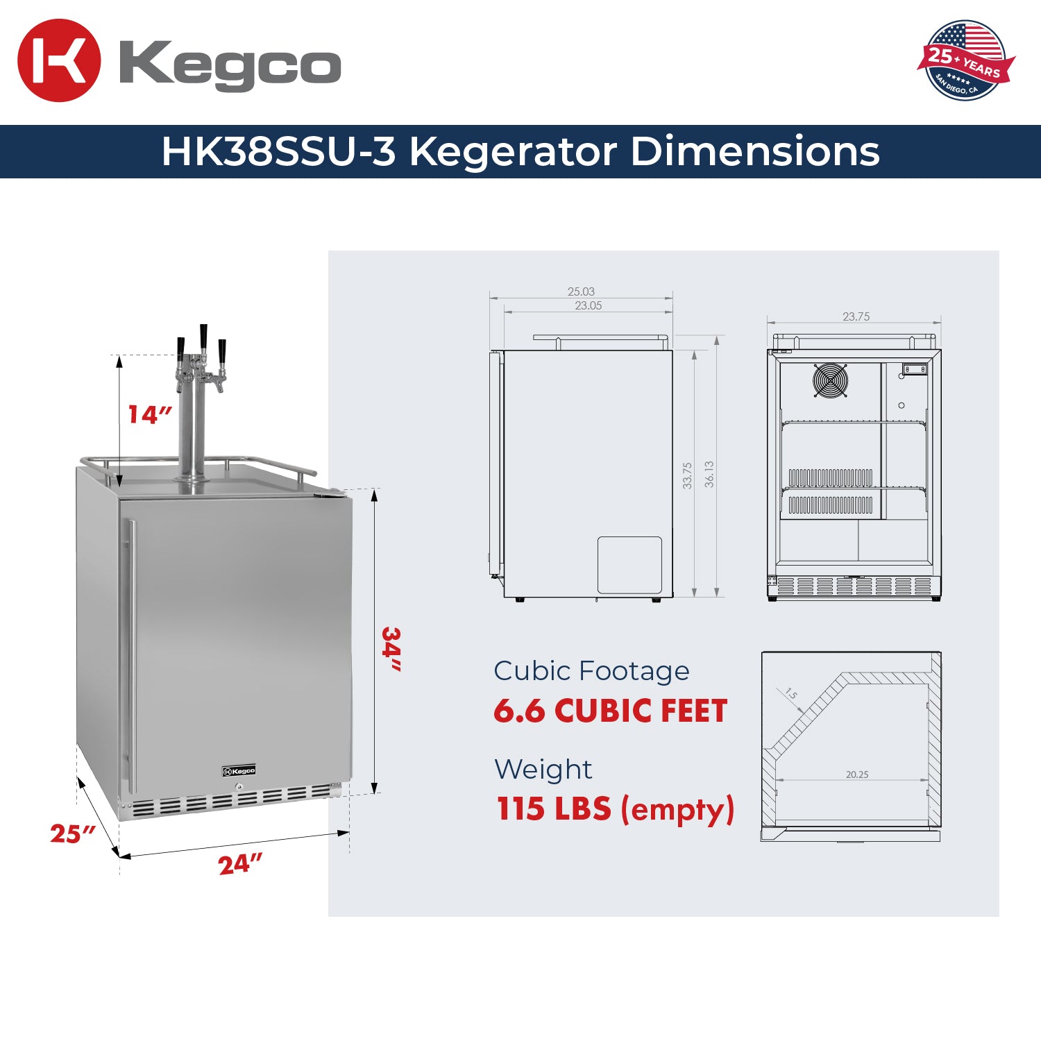 Kegco 24" Wide Outdoor Triple Tap All Stainless Steel Kegerator with Kit - HK38SSU-3