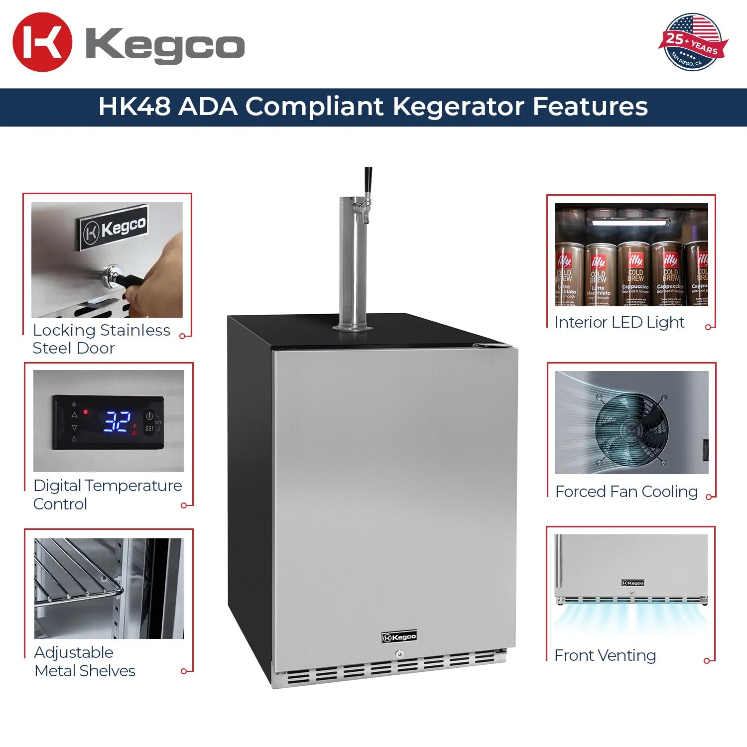 Kegco 24" Wide Single Tap Stainless Steel Built-In Right / Left Hinge ADA Kegerator with Kit - HK48BSA-1