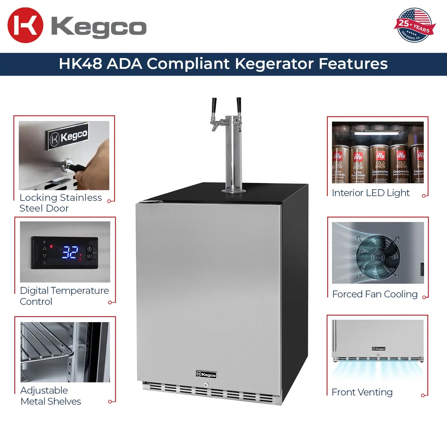 Kegco 24" Wide Dual Tap Stainless Steel Right / Left Hinge Built-in ADA Kegerator with Kit - HK48BSA-2