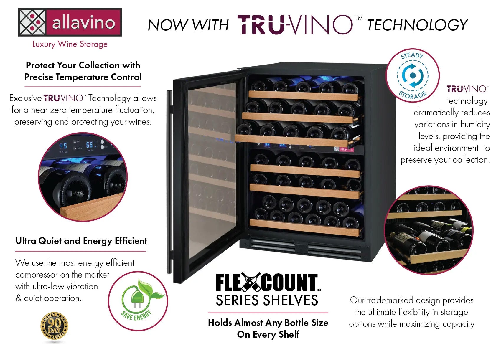 Allavino FlexCount Series 56 Bottle Single Zone Built-in Wine Refrigerator with Black Door - Left Hinge