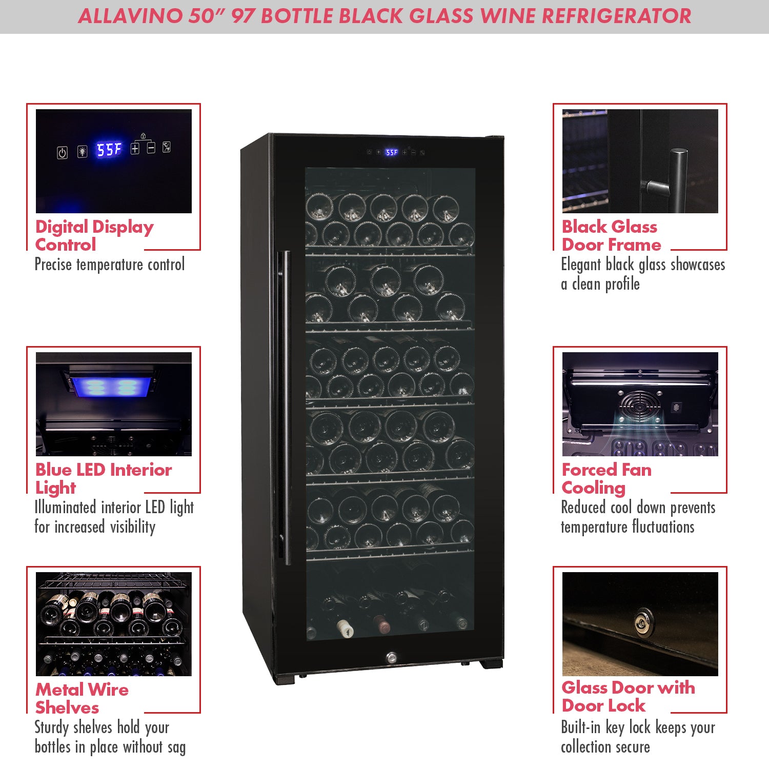 Allavino Contemporary 102 Bottle Single Zone Freestanding Wine Refrigerator with Black Glass Door - KWR102S-1BGR