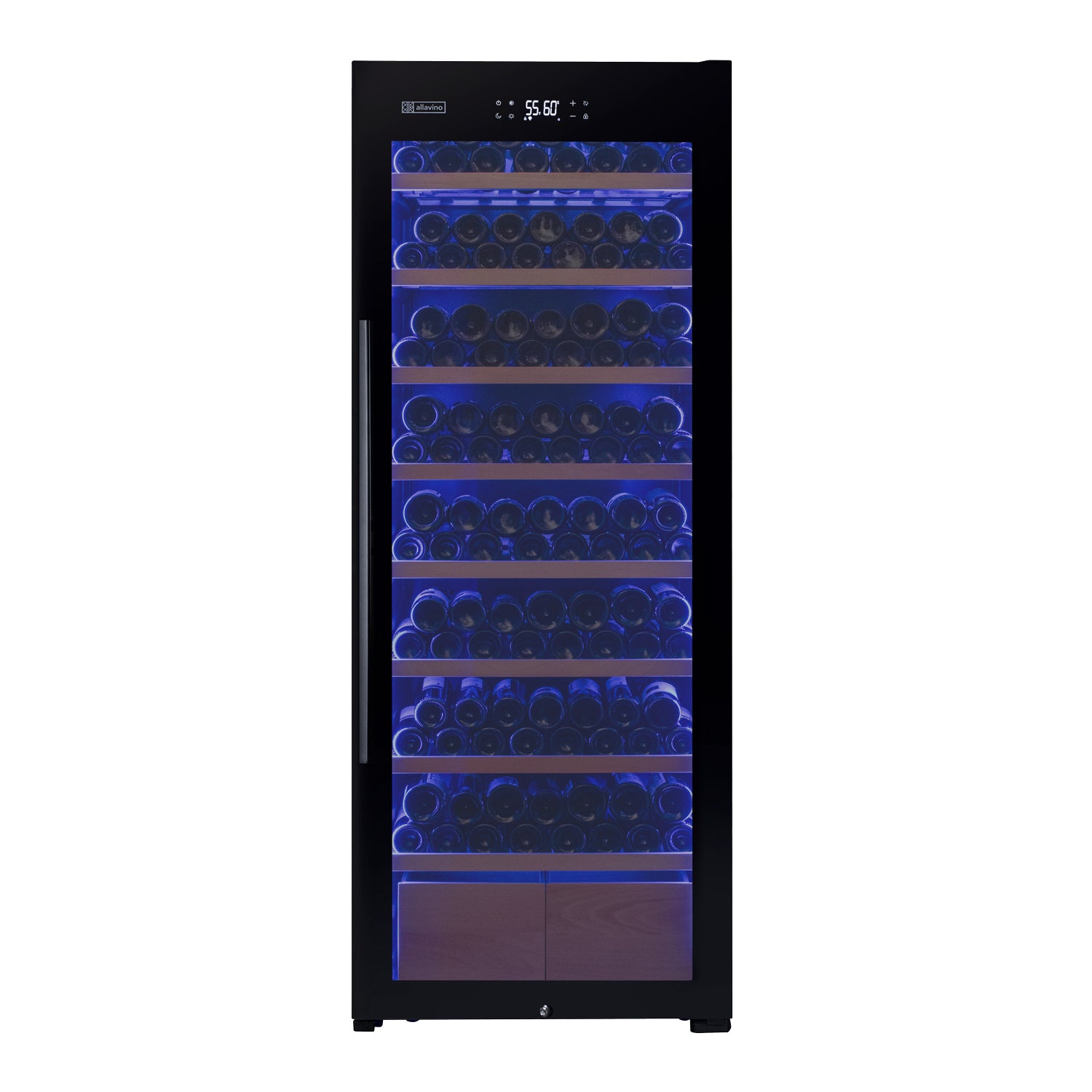 Allavino 248 Bottle Single Zone Freestanding Wine Refrigerator with Display Shelving and Black Glass Door - Left Hinge