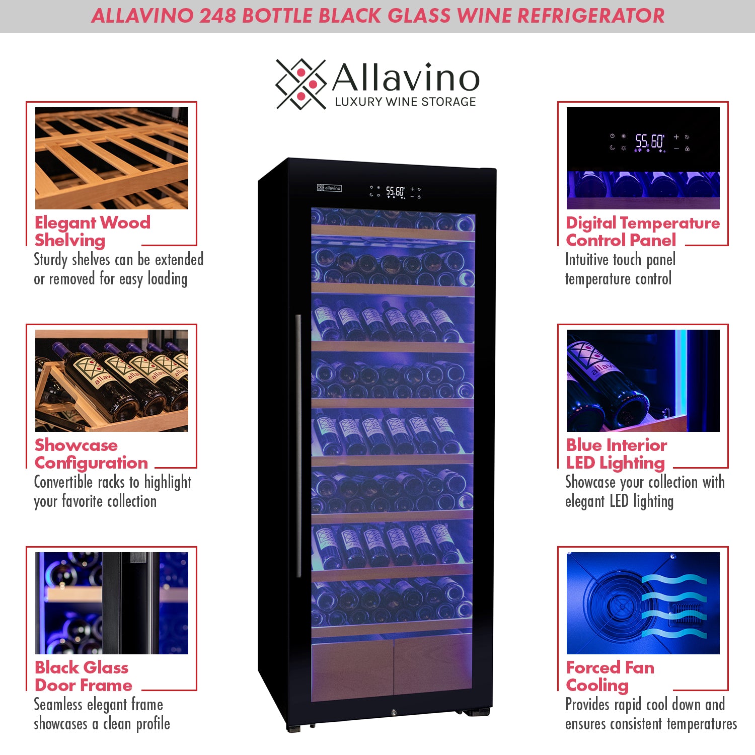 Allavino 248 Bottle Single Zone Freestanding Wine Refrigerator with Display Shelving and Black Glass Door - Right Hinge