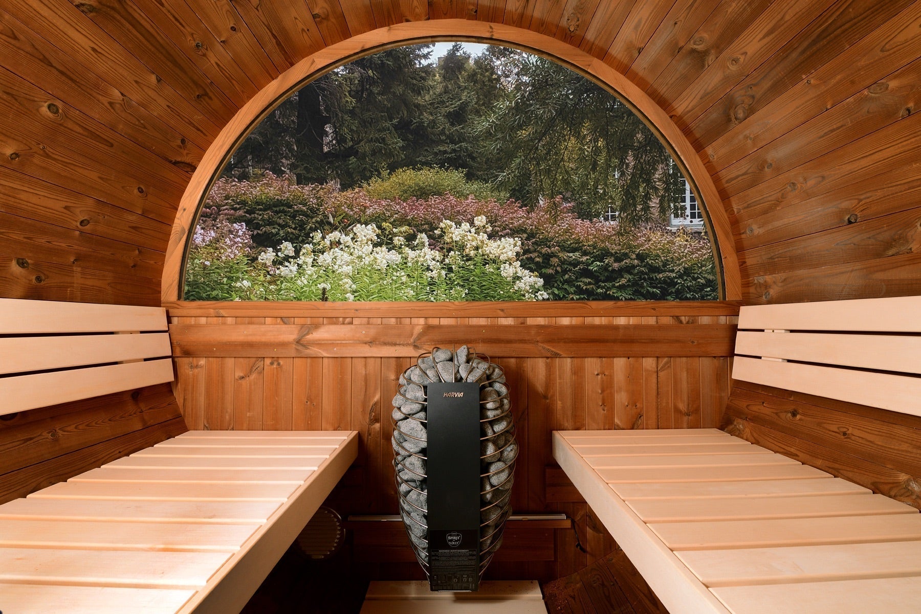 ThermaSol Evander - Nordic Pine, 4-6 Person, Half-Moon Window, Outdoor Canopy Barrel Sauna