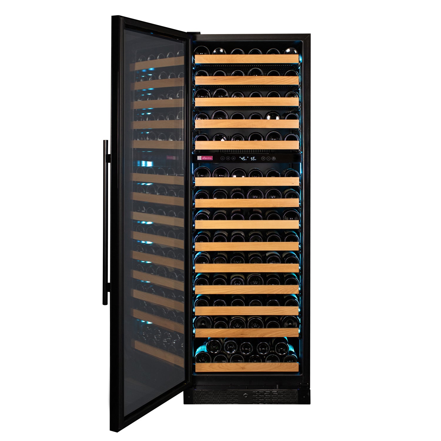 Allavino Reserva Series 154 Bottle Dual Zone Wine Refrigerator Cooler with Left Hinge Black Glass Door