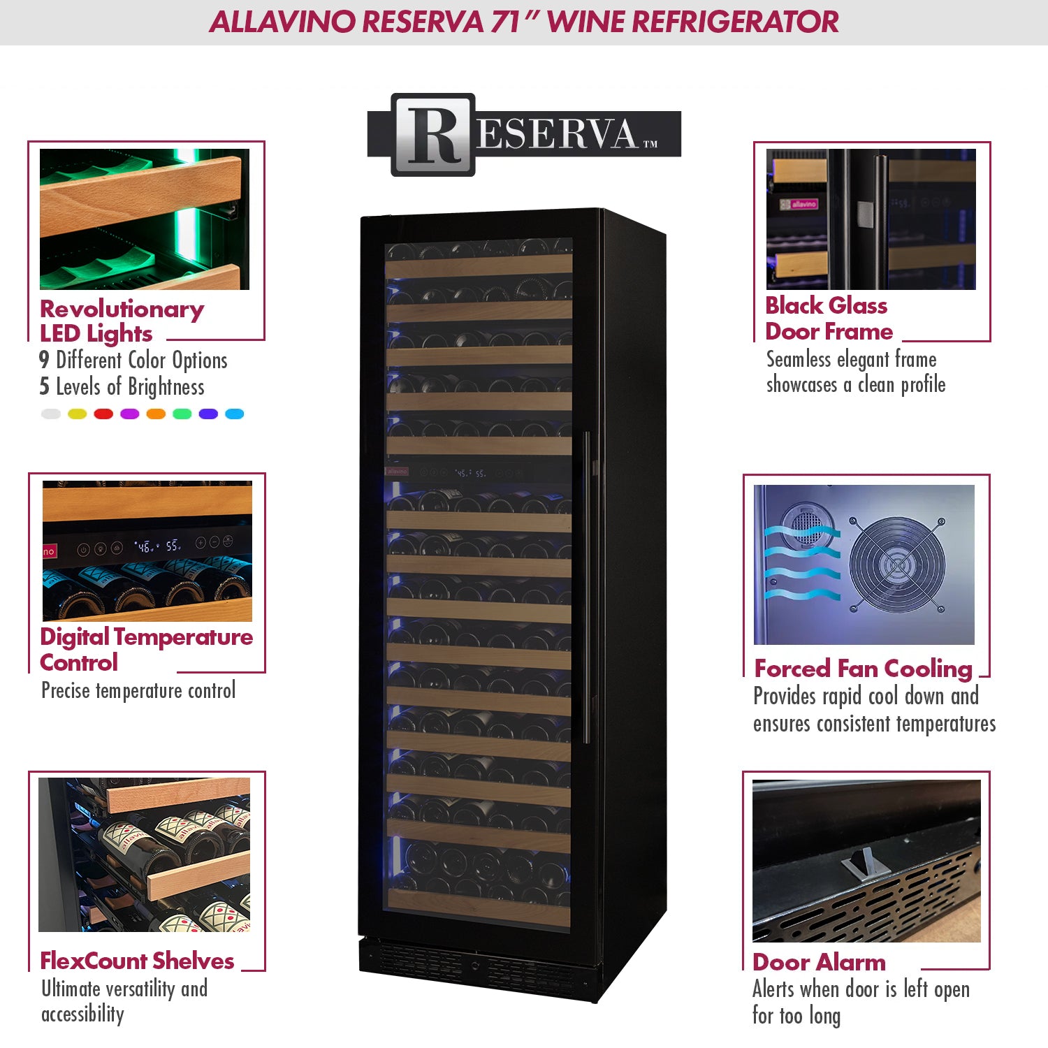 Allavino Reserva Series 154 Bottle Dual Zone Wine Refrigerator Cooler with Left Hinge Black Glass Door