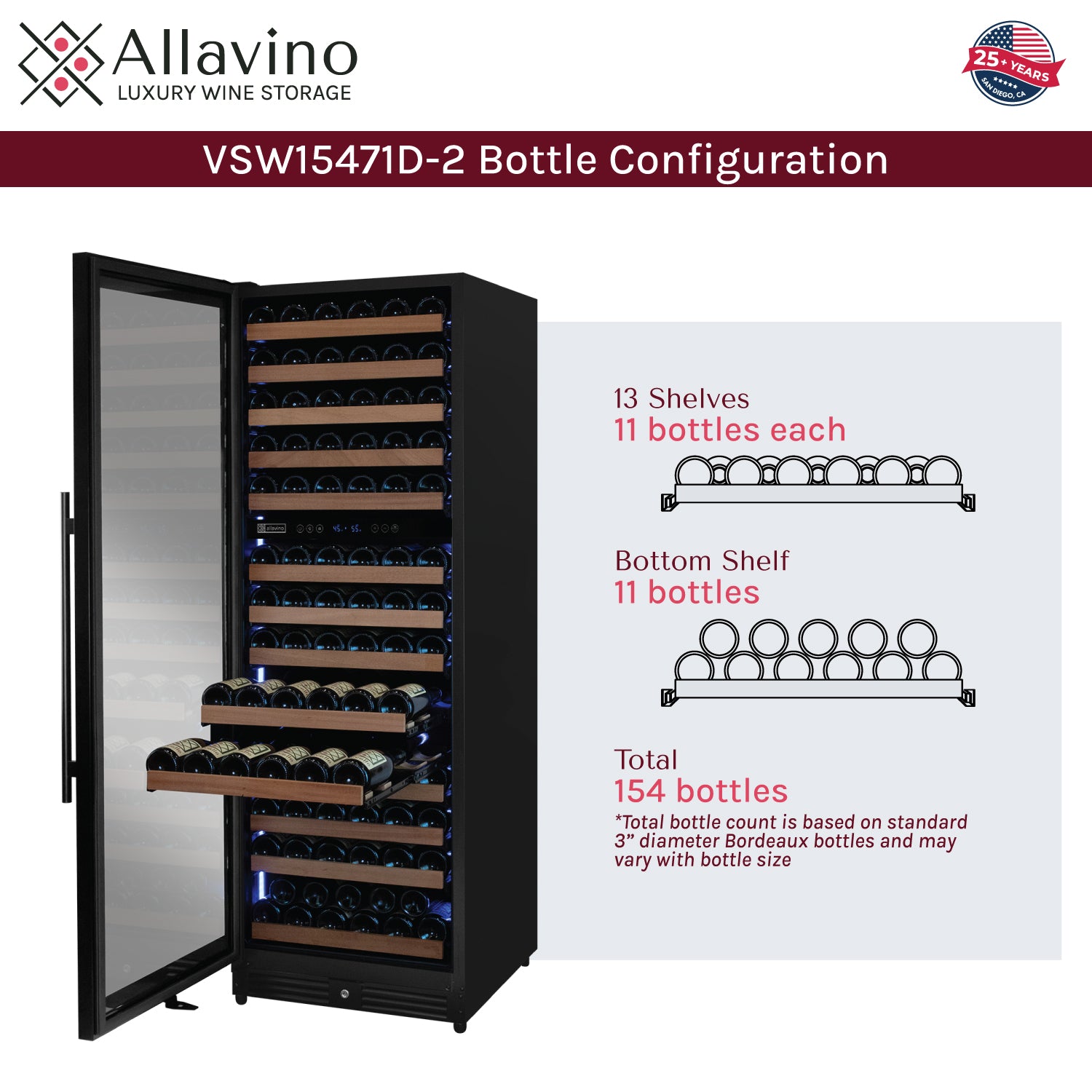 Allavino Reserva Series 154 Bottle 71" Tall Dual Zone Built-in Left Hinge Wine Refrigerator with Black Metal Door