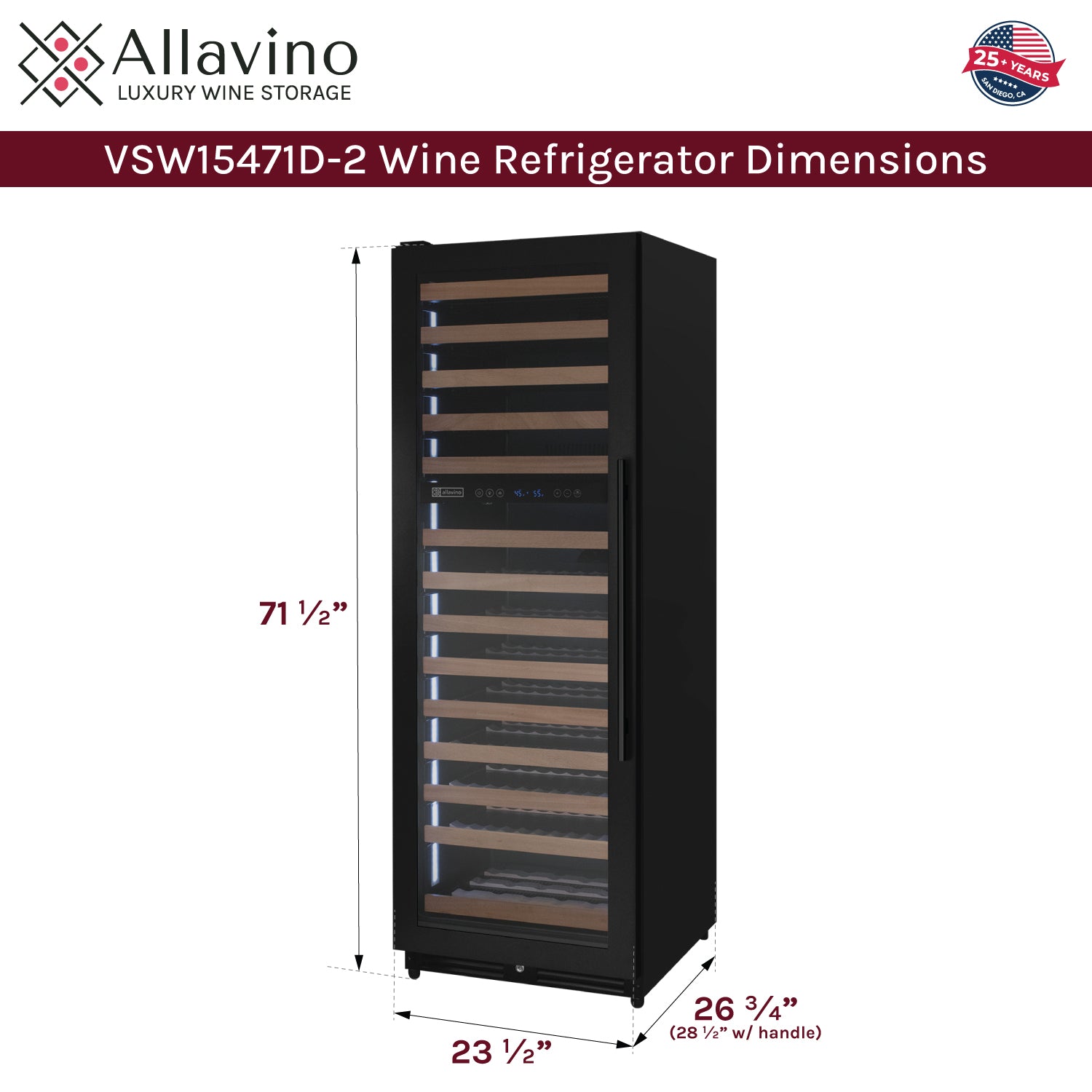 Allavino Reserva Series 154 Bottle 71" Tall Dual Zone Built-in Left Hinge Wine Refrigerator with Black Metal Door