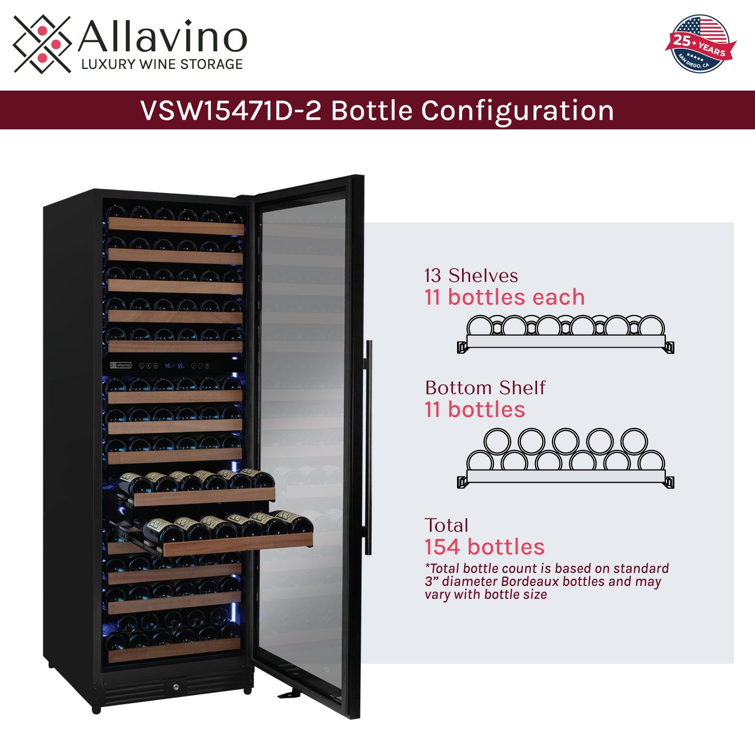 Allavino Reserva Series 154 Bottle 71" Tall Dual Zone Built-in Right Hinge Wine Refrigerator with Black Metal Door
