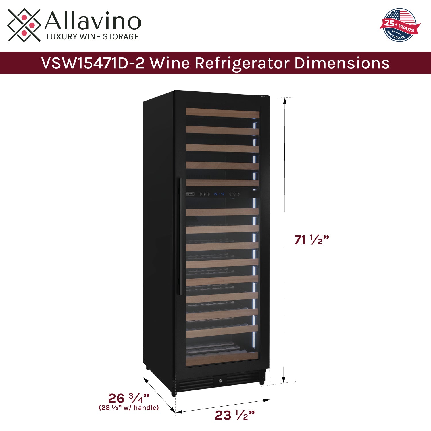 Allavino Reserva Series 154 Bottle 71" Tall Dual Zone Built-in Right Hinge Wine Refrigerator with Black Metal Door