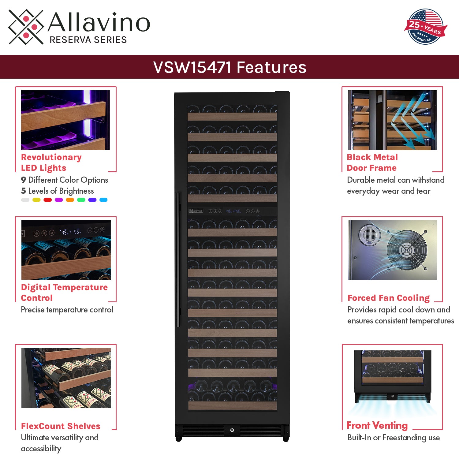 Allavino Reserva Series 154 Bottle 71" Tall Dual Zone Built-in Right Hinge Wine Refrigerator with Black Metal Door