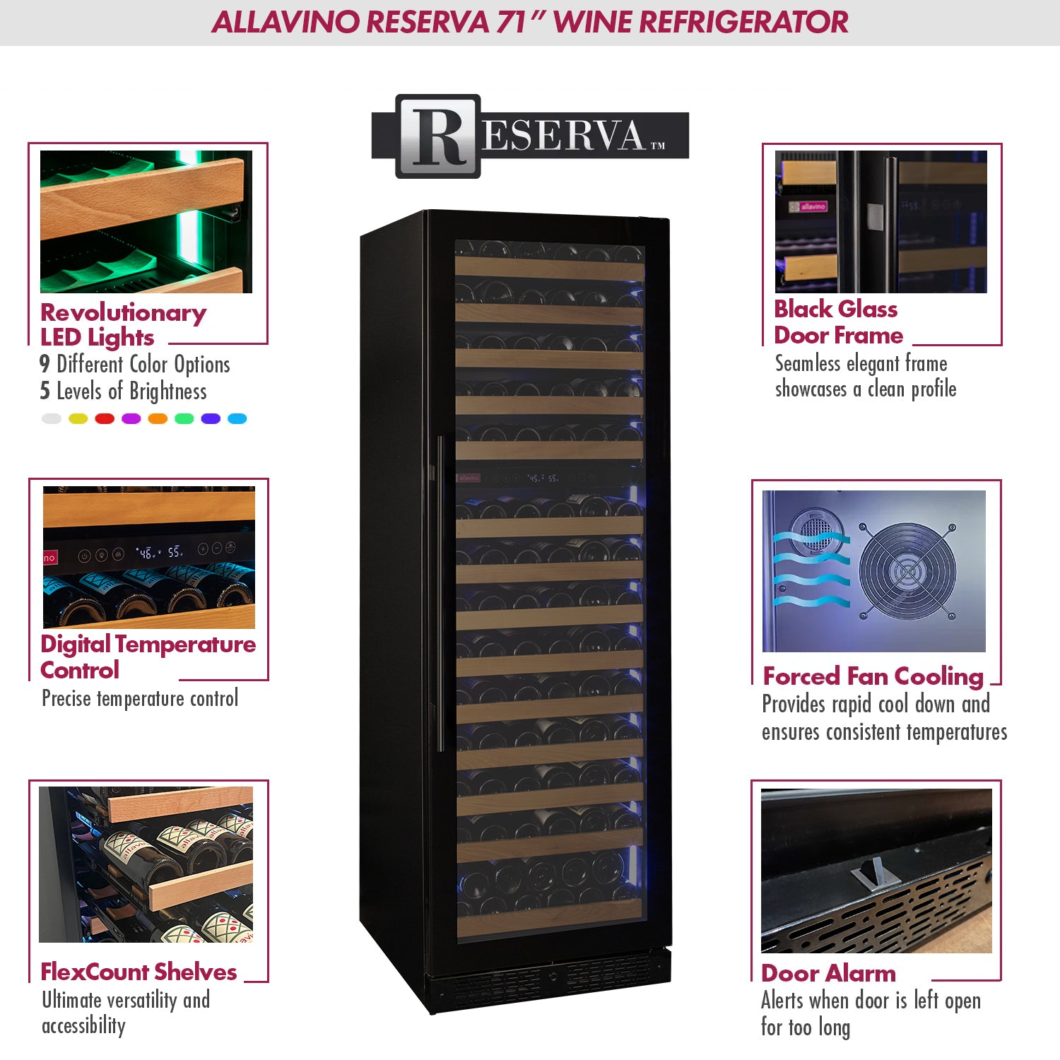 Allavino Reserva Series 154 Bottle Dual Zone Built-in Wine Refrigerator with Black Glass Door - Right Hinge