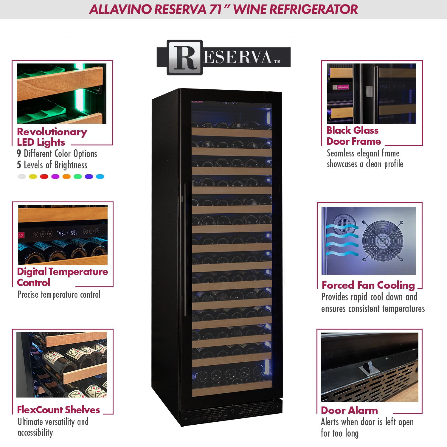 Allavino Reserva Series 163 Bottle 71" Tall Single Zone Right Hinge Black Glass Door Wine Cooler Refrigerator