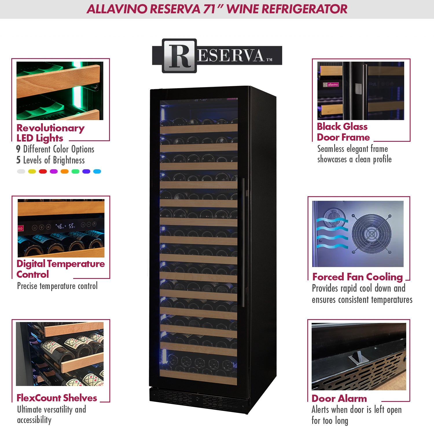 Allavino Reserva Series 326 Bottle Tall Dual Zone Tall Side-by-Side Wine Refrigerators with Black Glass Doors