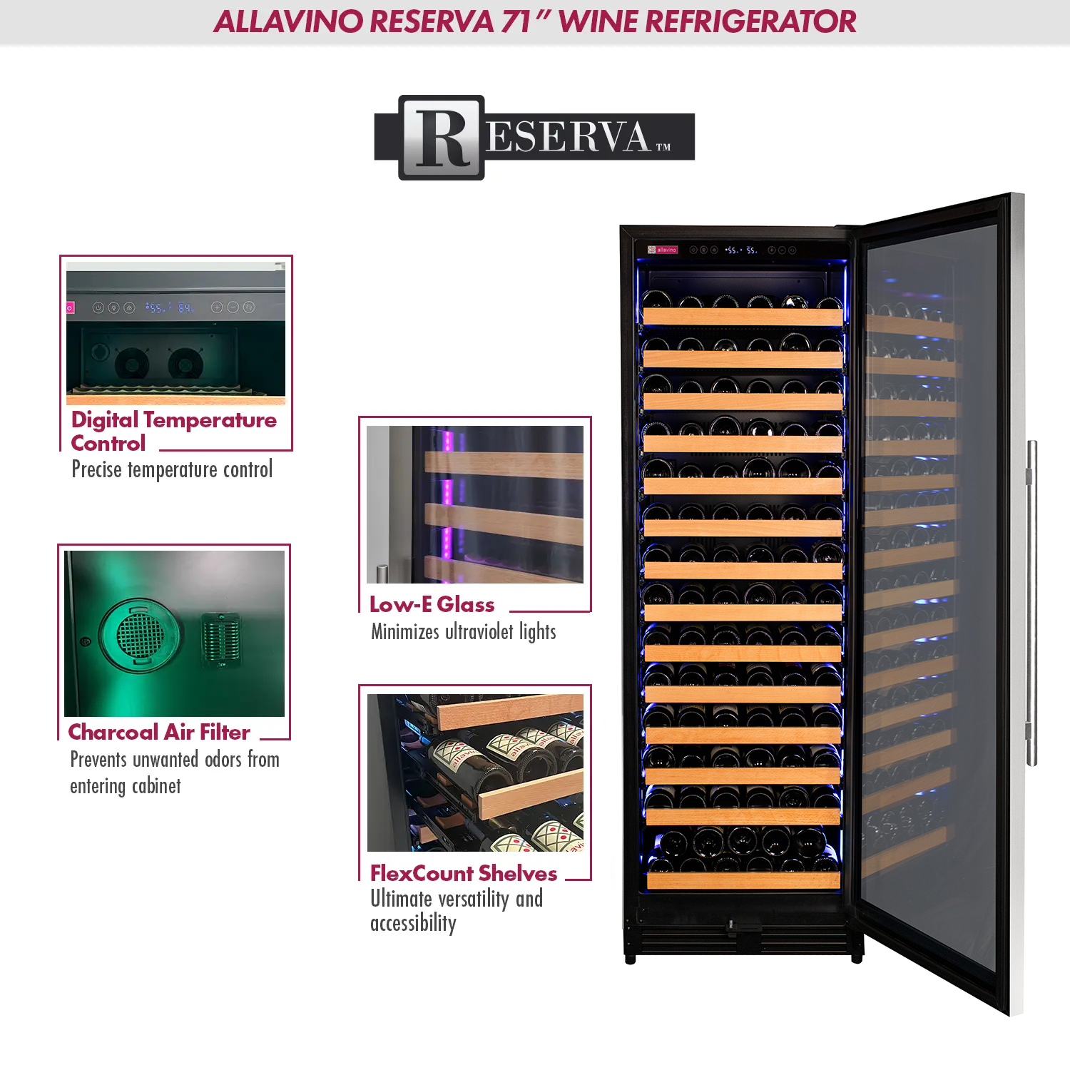 Allavino Reserva Series 163 Bottle 71" Tall Single Zone Right Hinge Stainless Steel Wine Cooler Refrigerator